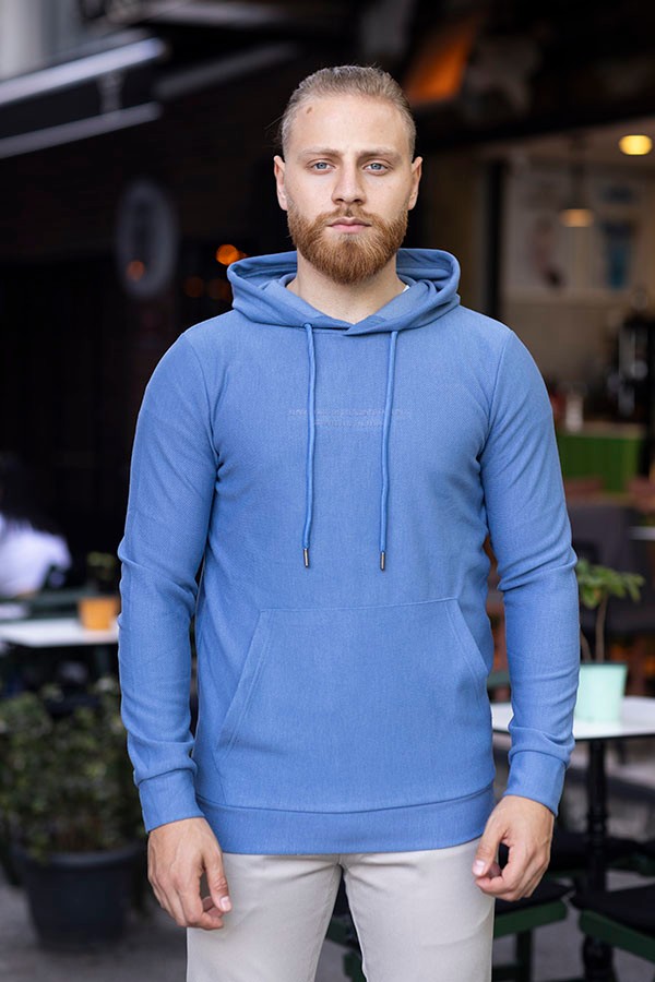 ERKEK SLIM FIT PAMUKLU CEPLİ KAPŞONLU SWEATSHIRT GENNADY 5811 - MAVİ