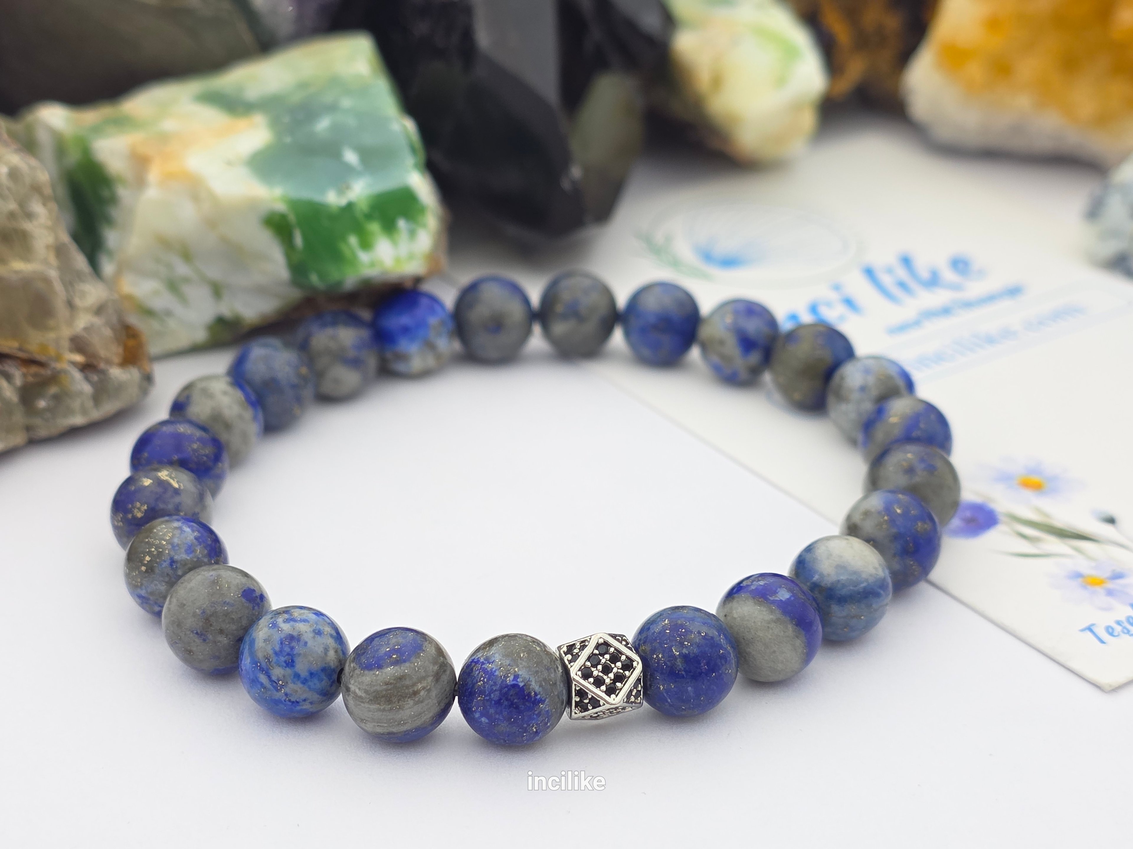 İncilike Mavisi Lapis Lazuli Bilgelik Taşı Kadın / Erkek Doğaltaş Bileklik 8 mm Küre kesim