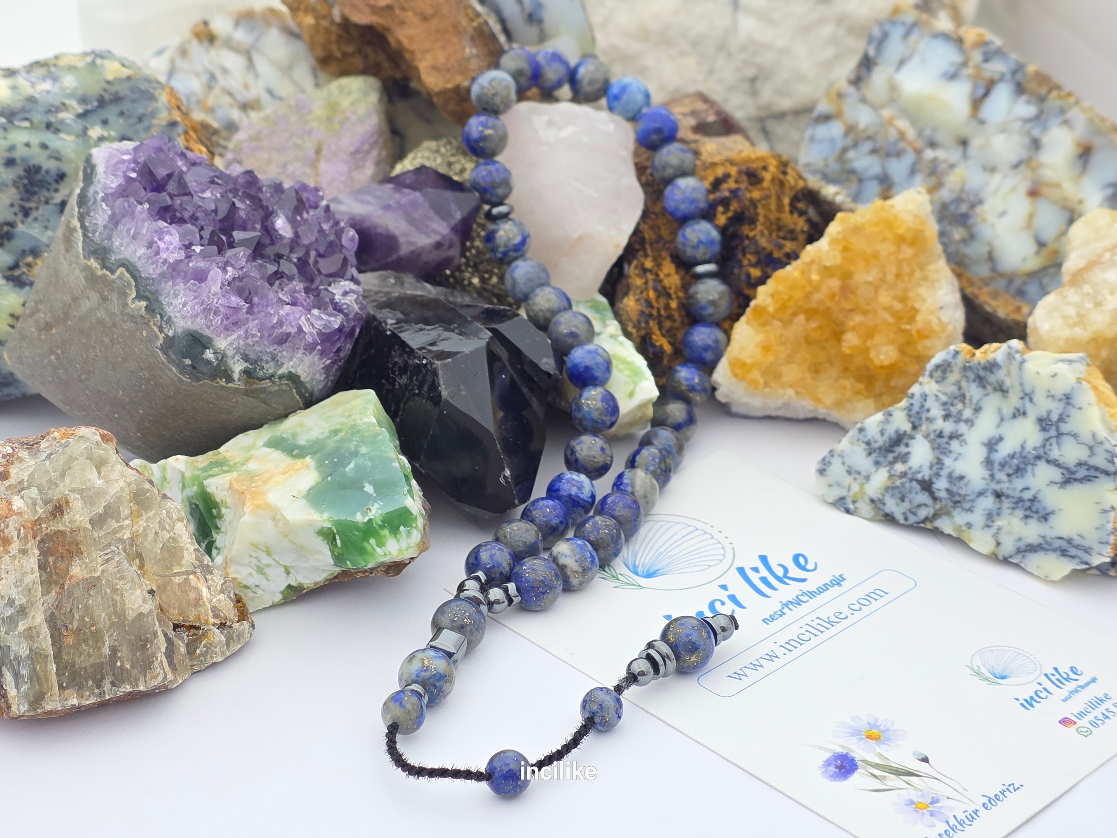 İncilike Tesbih Lapis Lazuli ( Bilgelik taşı)  ve Hematit 8 mm