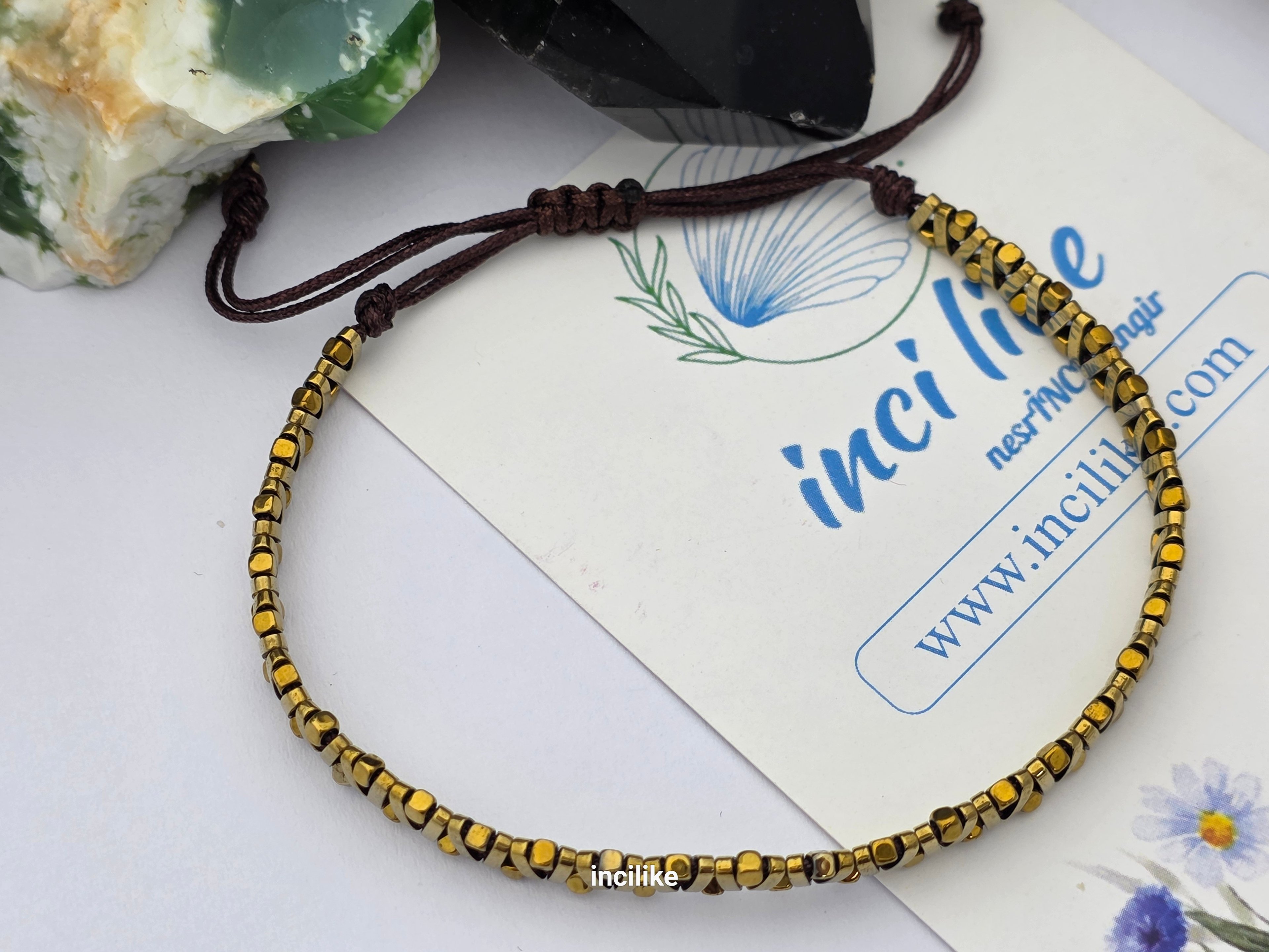 İncilike Zikzak Gold İnce HEMATİT TAŞI DOĞALTAŞ KADIN/ ERKEK BİLEKLİK 