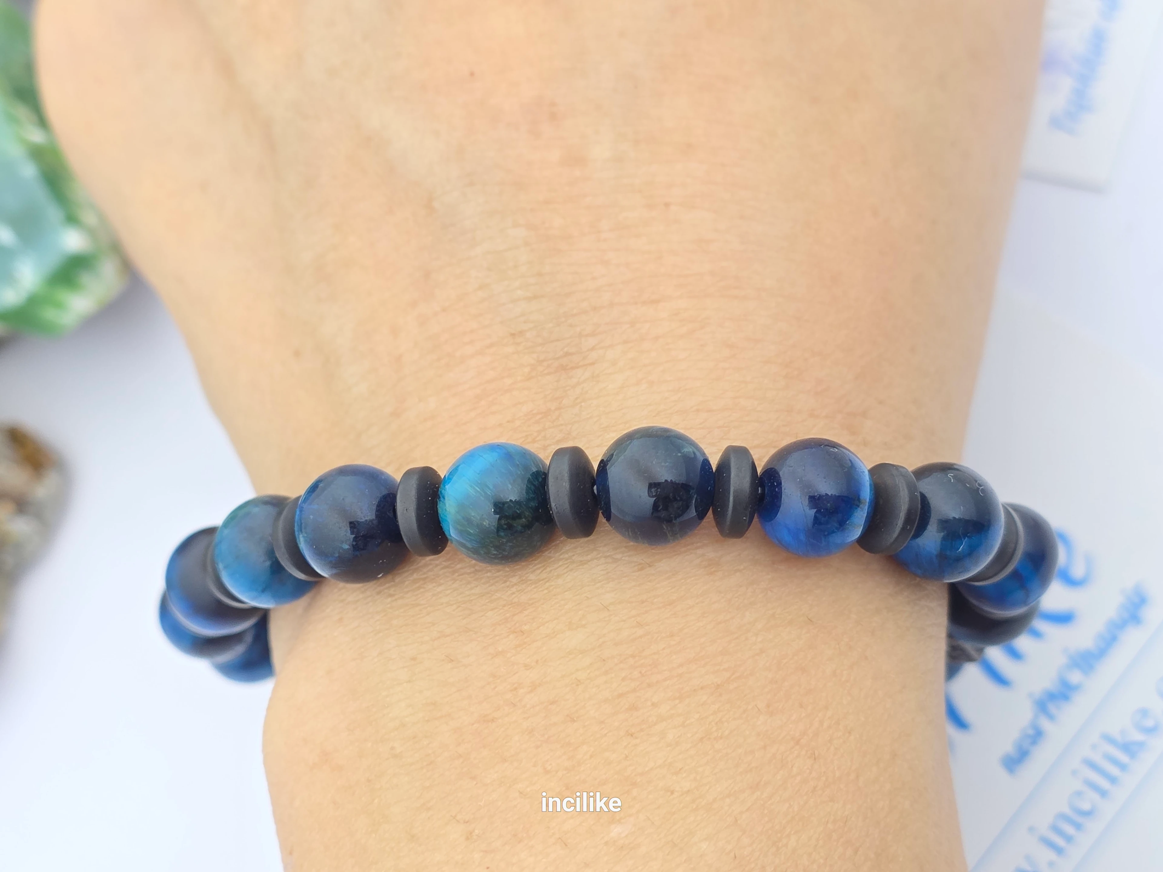 İncilike Mavi Kaplangözü Doğaltaş Erkek Bileklik Hematitli 8 mm 