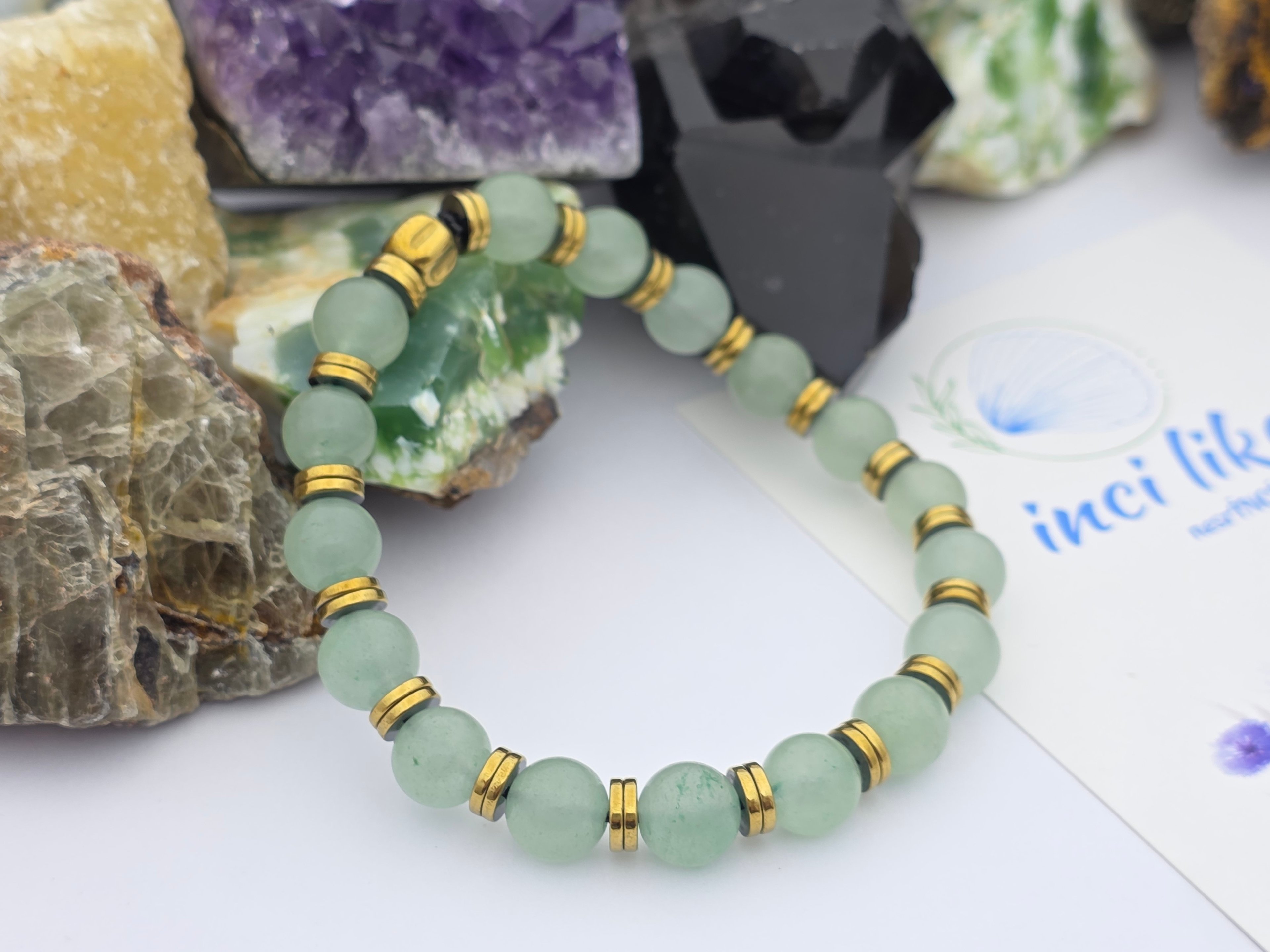 İncilike Aventurin ( şans ) Doğaltaş + Hematit Kadın Bileklik 8 mm