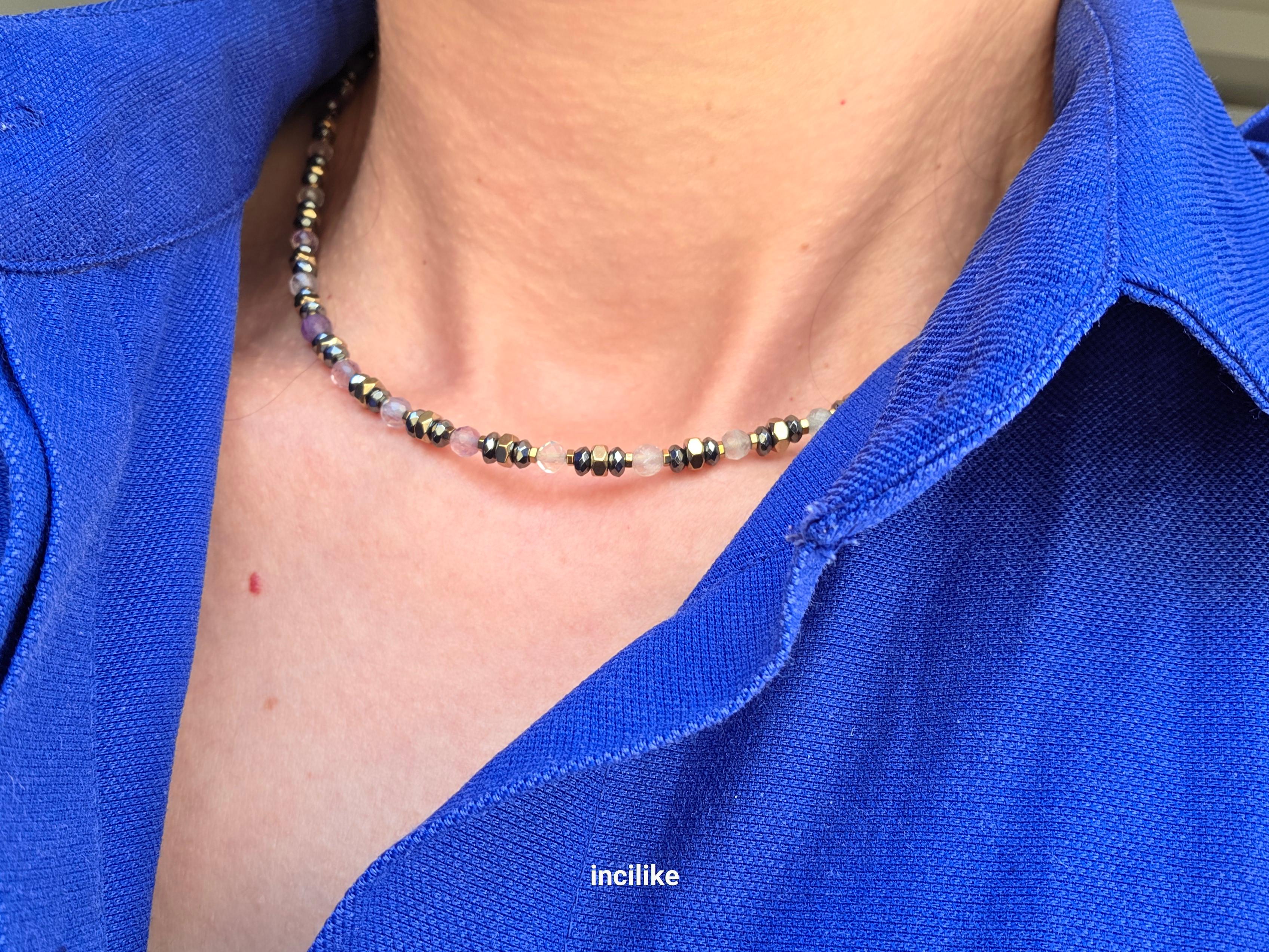 İncilike Florit + Hematit Taşlı Doğaltaş Çelik Kolye  faset kesim 4 mm