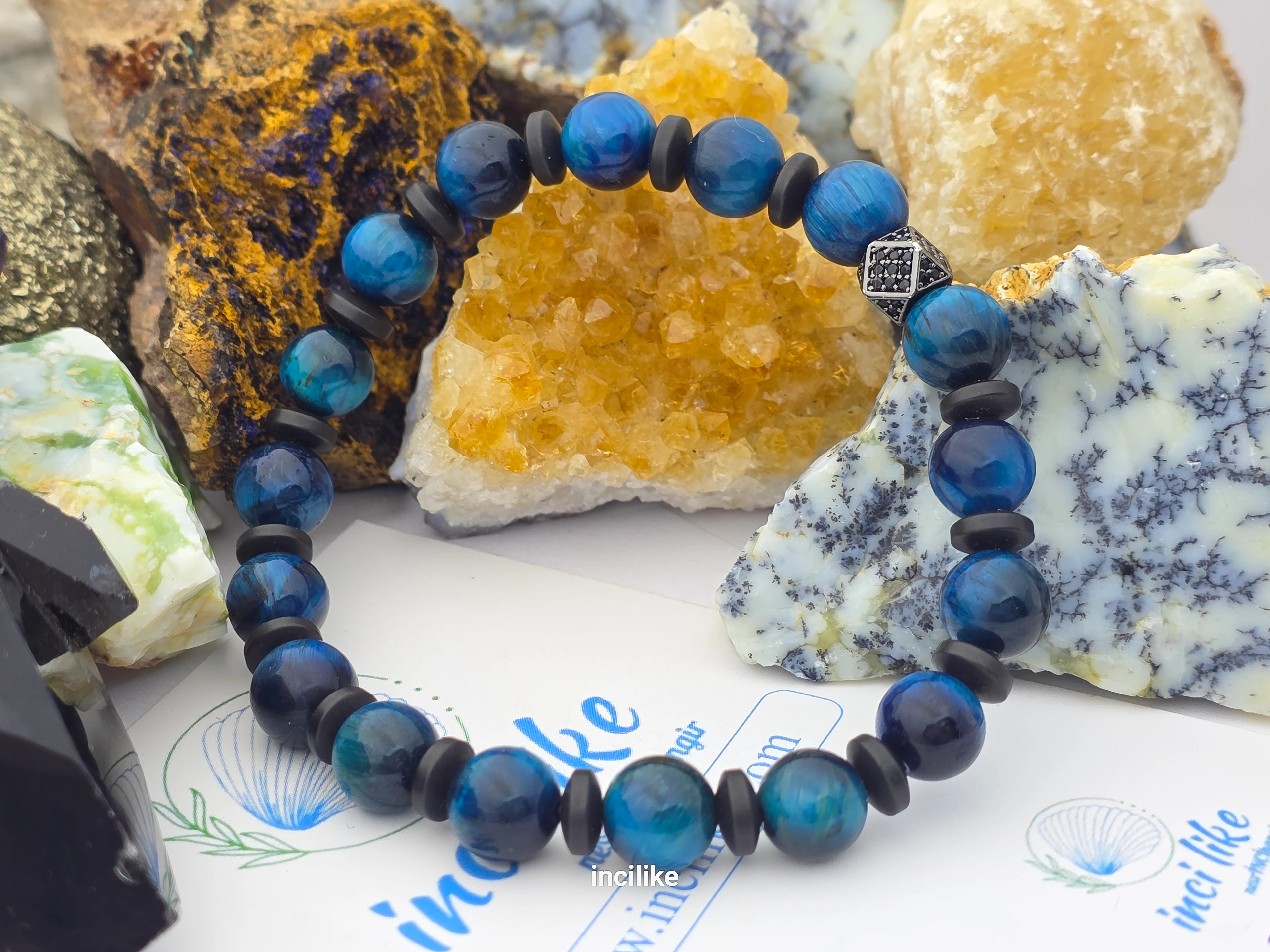 İncilike Mavi Kaplangözü Doğaltaş Erkek Bileklik Hematitli 8 mm 