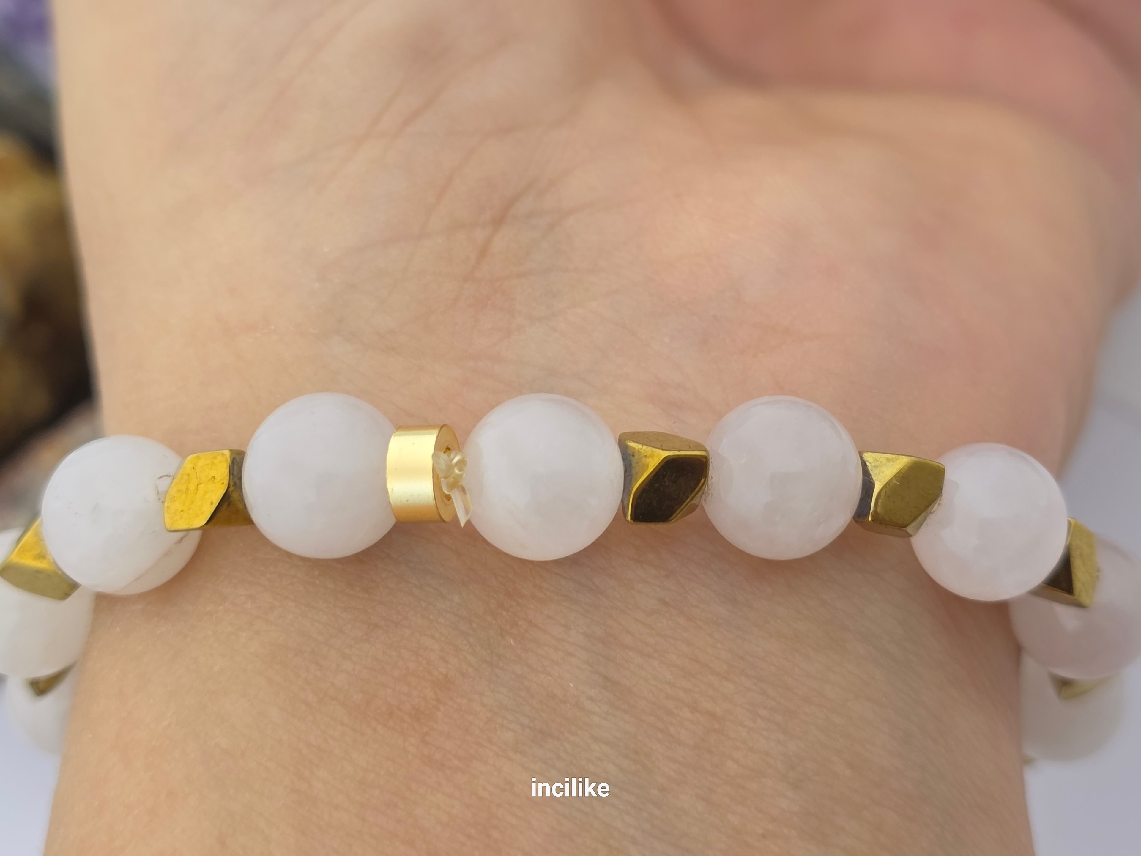 İncilike Pembe Kuvars Doğaltaş Kadın Bileklik Gold Hematit Küre Kesim 8 mm