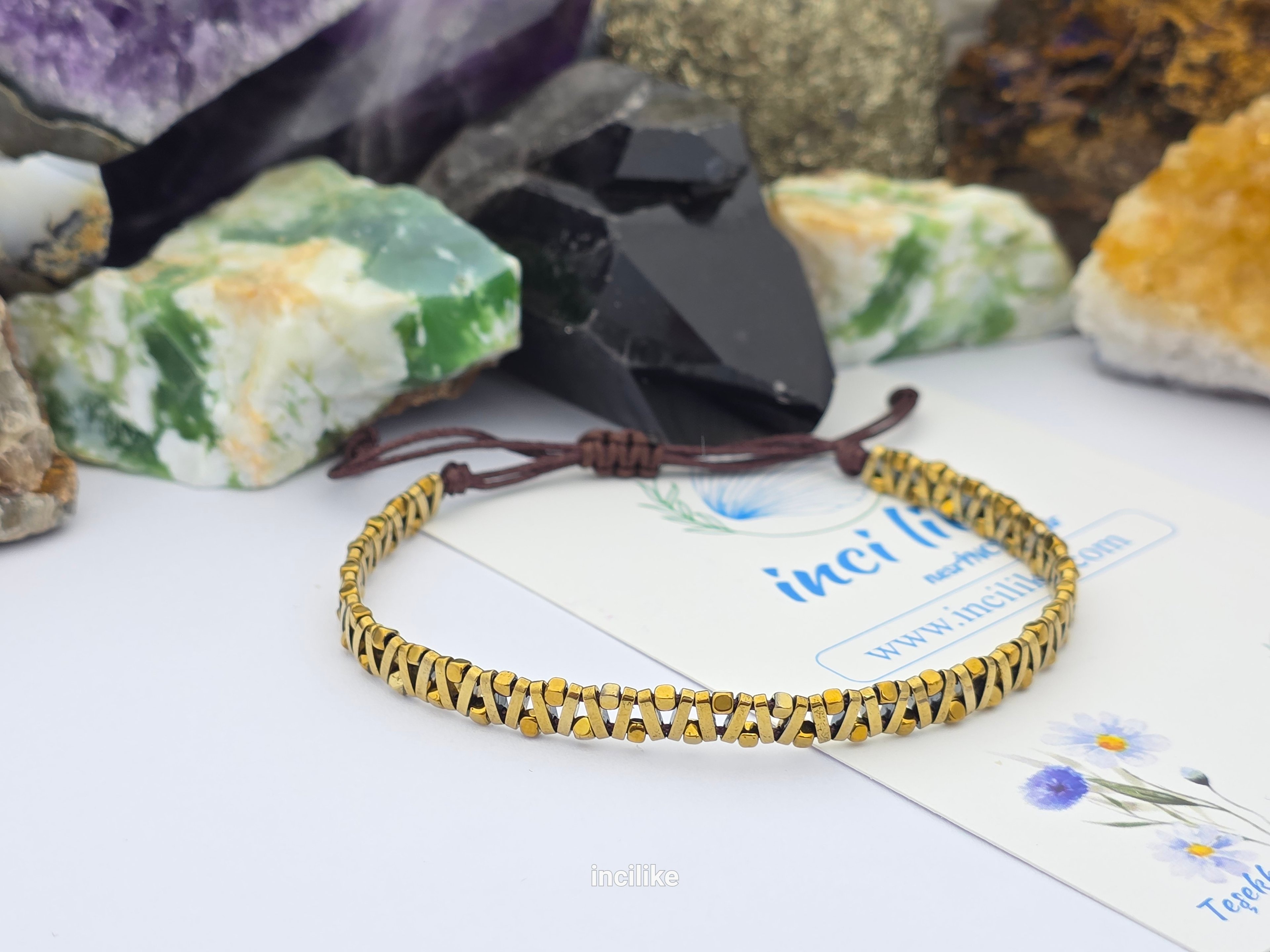 İncilike Zikzak Gold İnce HEMATİT TAŞI DOĞALTAŞ KADIN/ ERKEK BİLEKLİK 