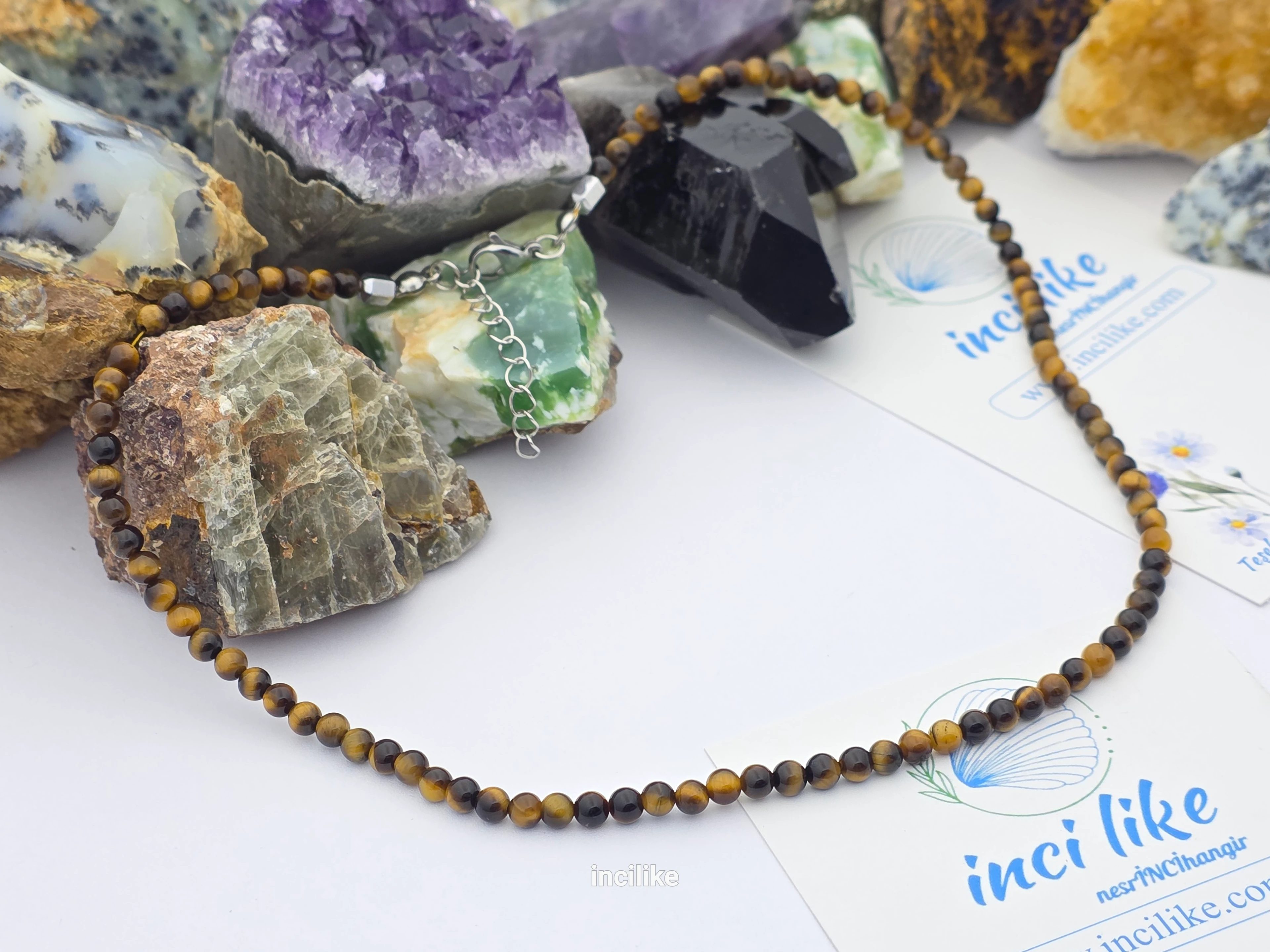 İncilike Kaplan Gözü Taşı Kadın / Erkek Kolye 4 mm Küre Kesim İnce diziÇelik Aparatlı