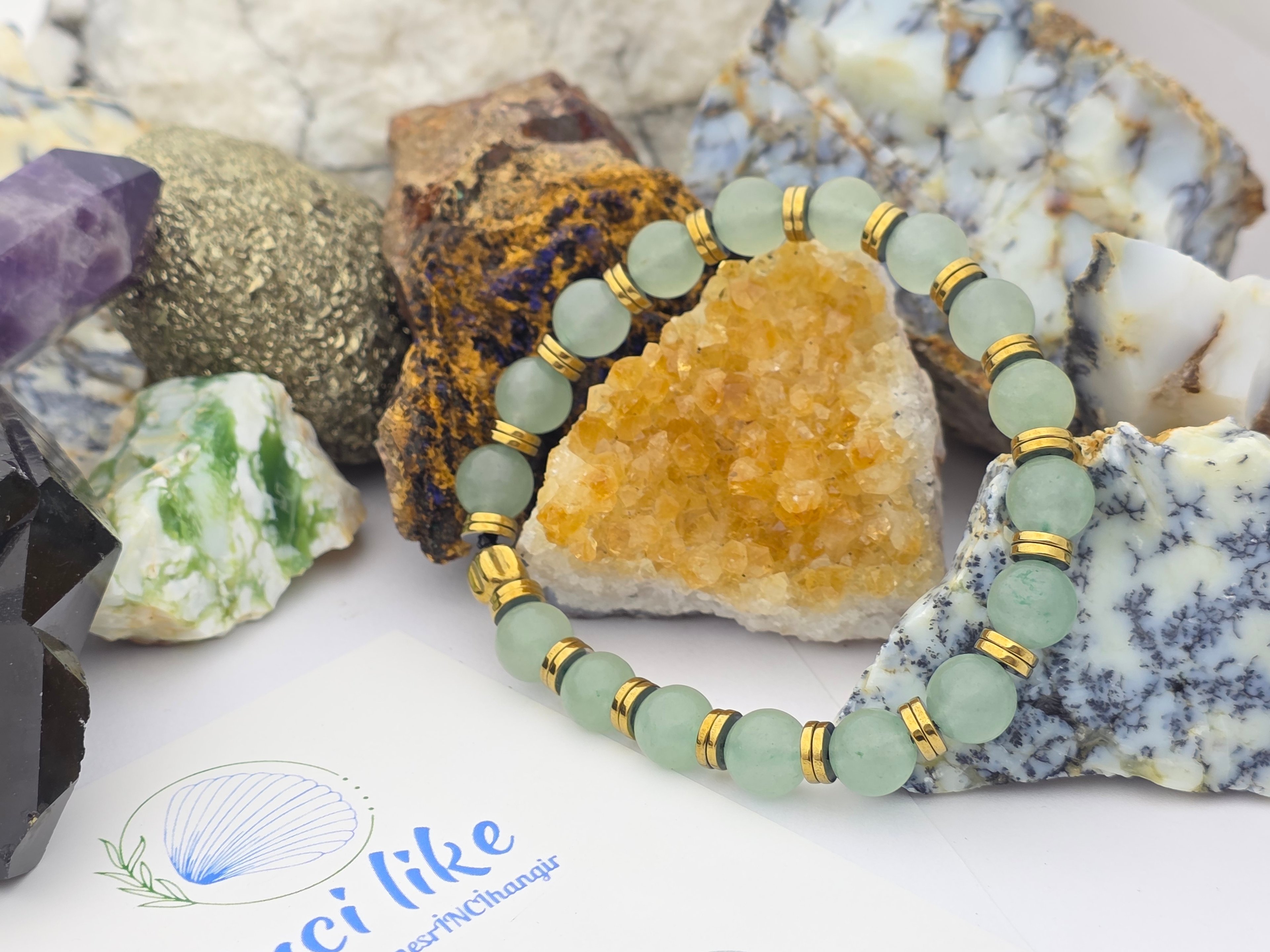 İncilike Aventurin ( şans ) Doğaltaş + Hematit Kadın Bileklik 8 mm