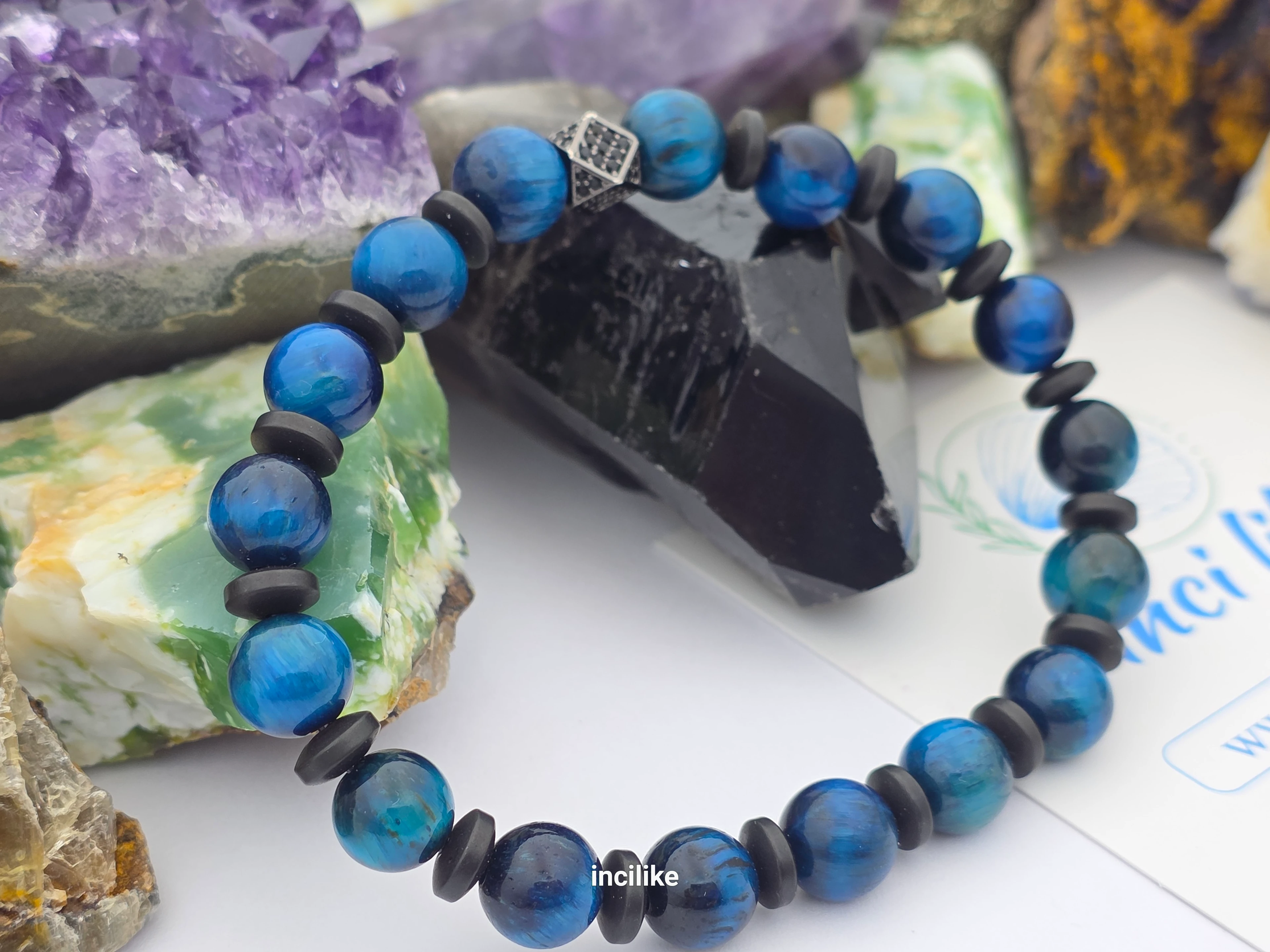 İncilike Mavi Kaplangözü Doğaltaş Erkek Bileklik Hematitli 8 mm 