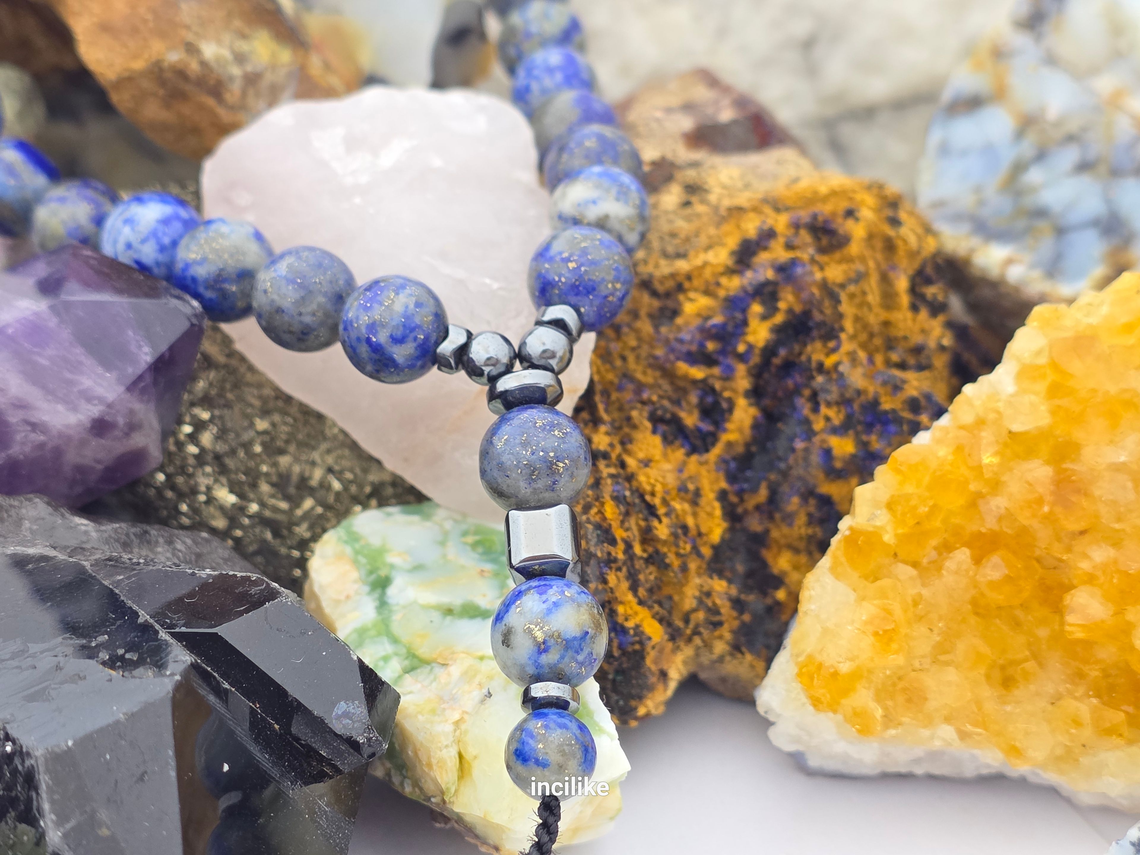İncilike Tesbih Lapis Lazuli ( Bilgelik taşı)  ve Hematit 8 mm