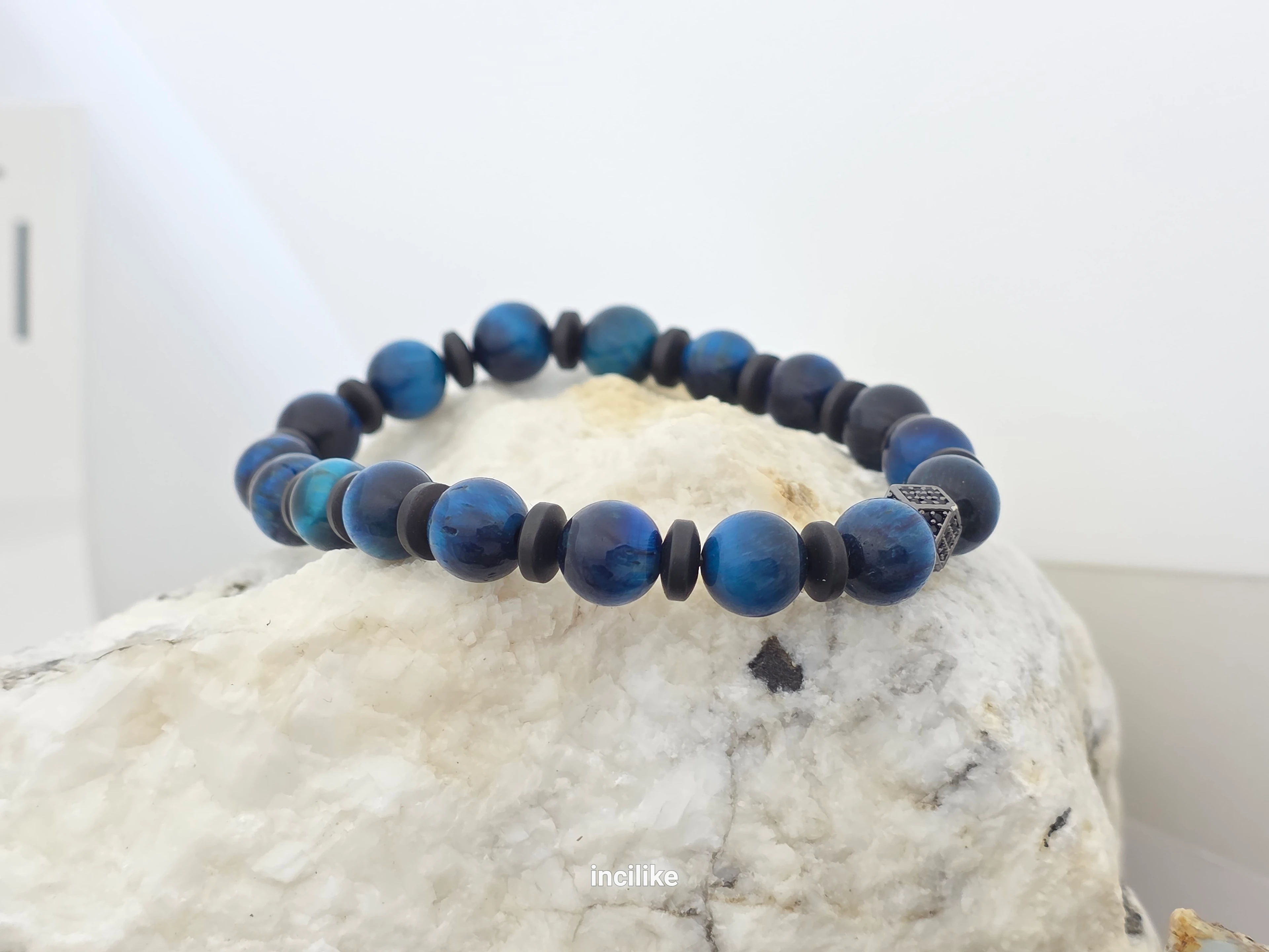 İncilike Mavi Kaplangözü Doğaltaş Erkek Bileklik Hematitli 8 mm 
