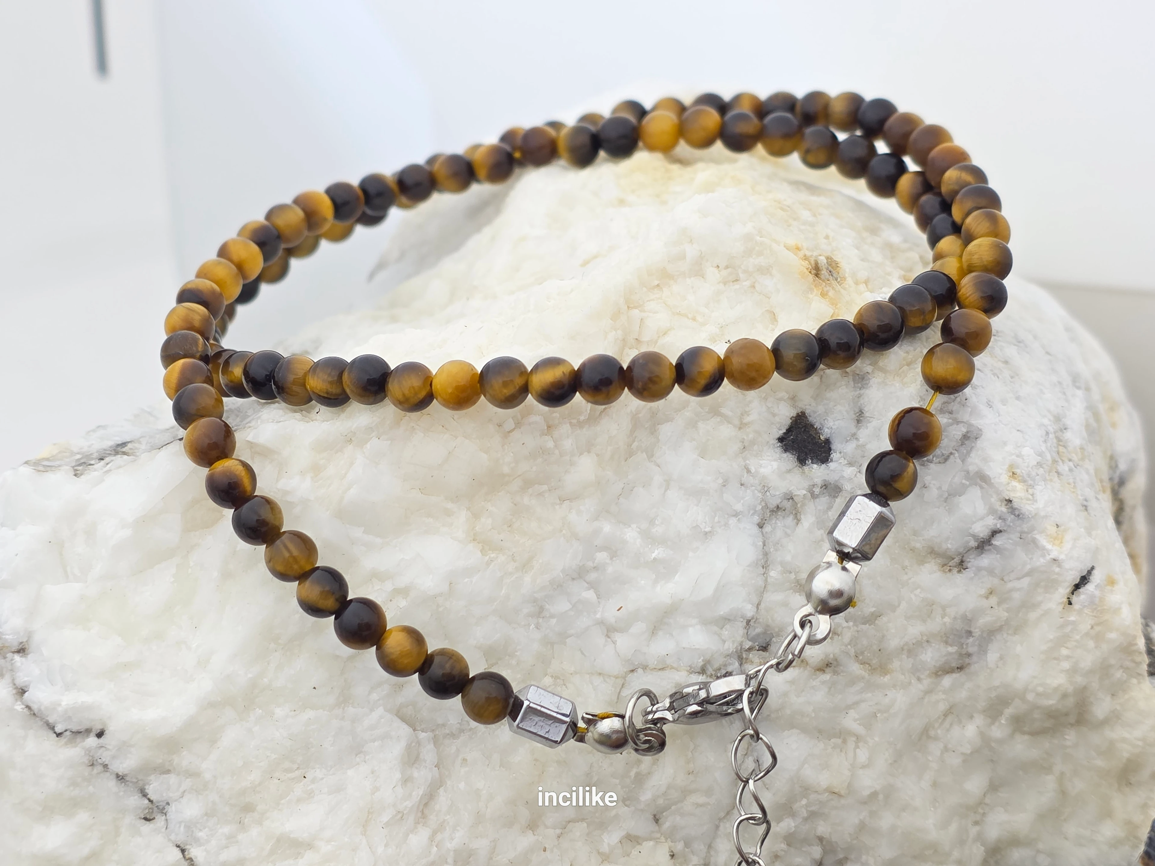 İncilike Kaplan Gözü Taşı Kadın / Erkek Kolye 4 mm Küre Kesim İnce diziÇelik Aparatlı