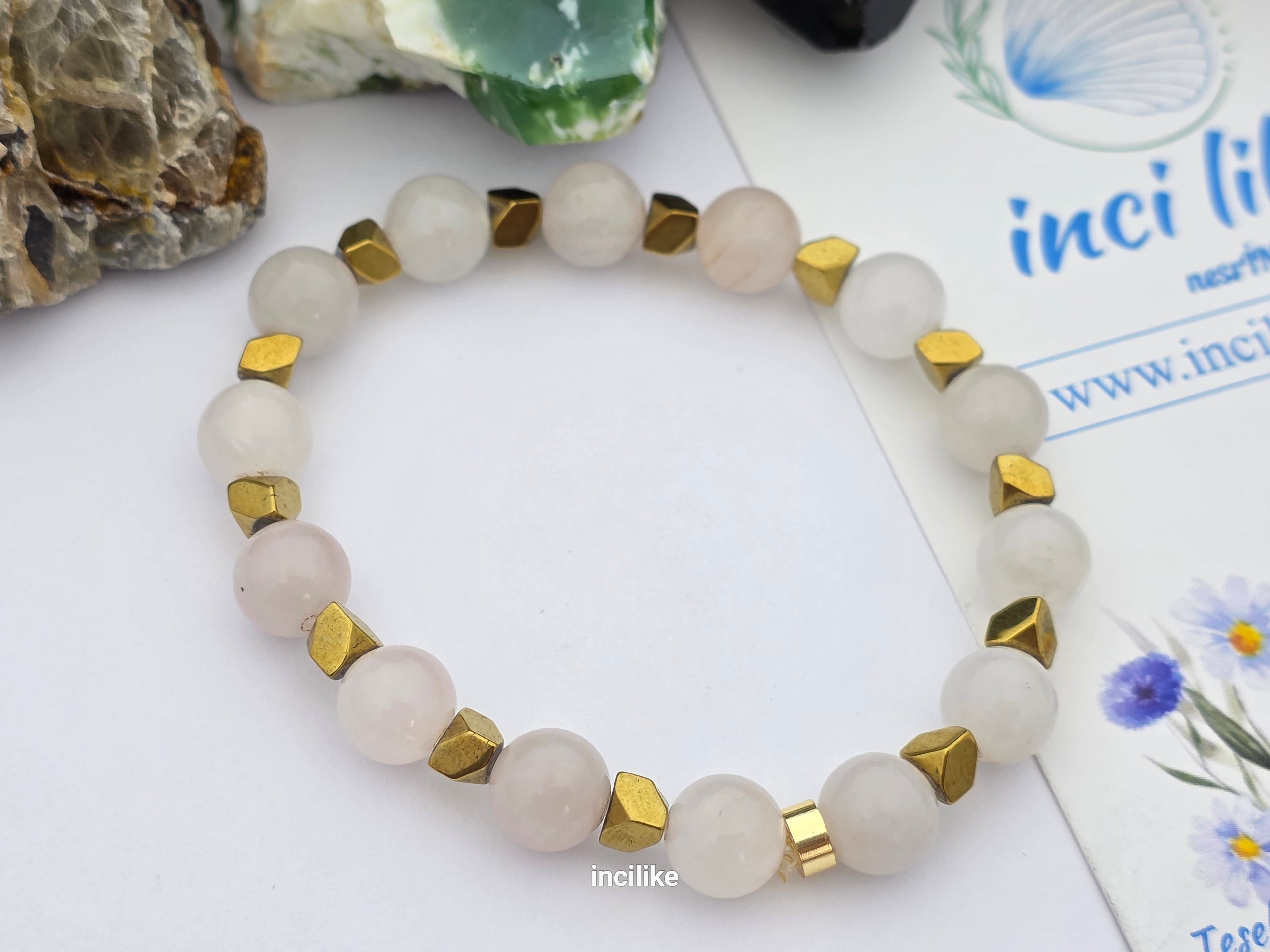İncilike Pembe Kuvars Doğaltaş Kadın Bileklik Gold Hematit Küre Kesim 8 mm