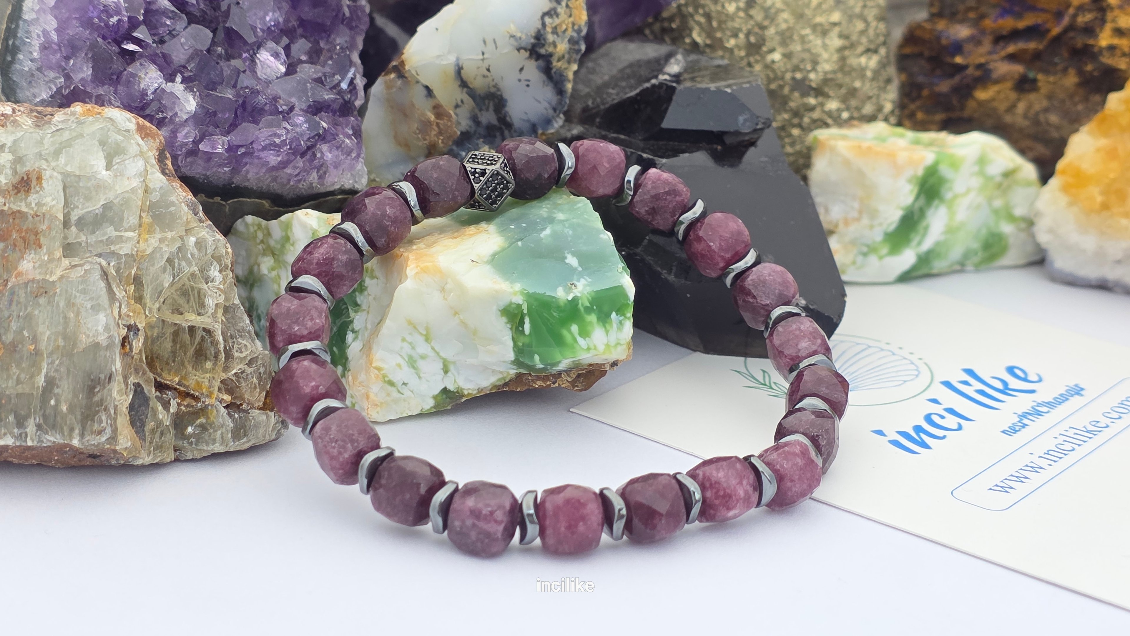 İncilike Lal ( garnet) Fasetli Küp Kesim Doğaltaş Erkek Bileklik 8 mm