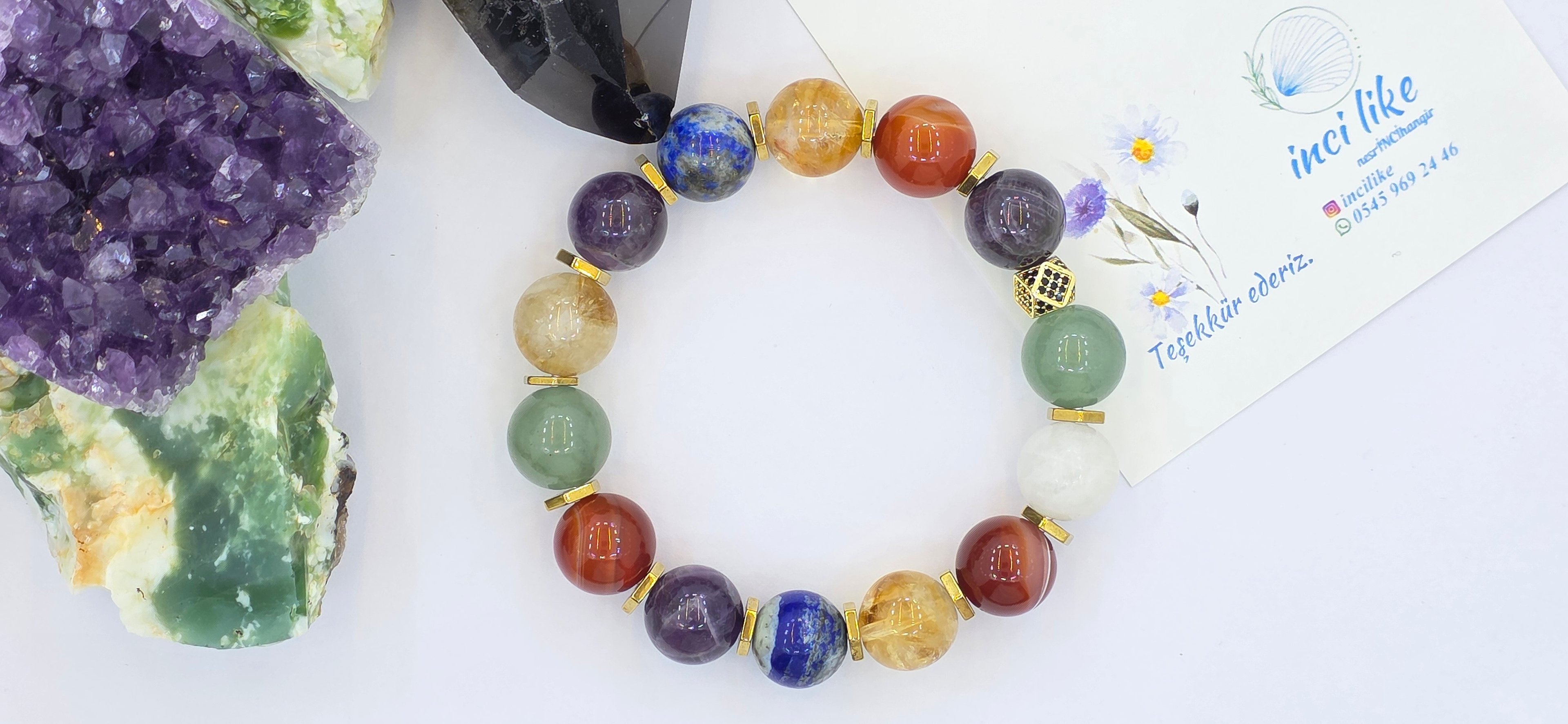 incilike Çakra Doğaltaş 10 mm Aventurin, Ay taşı Akik, Sitrin, Lapis Lazuli Ametist ve Hematit