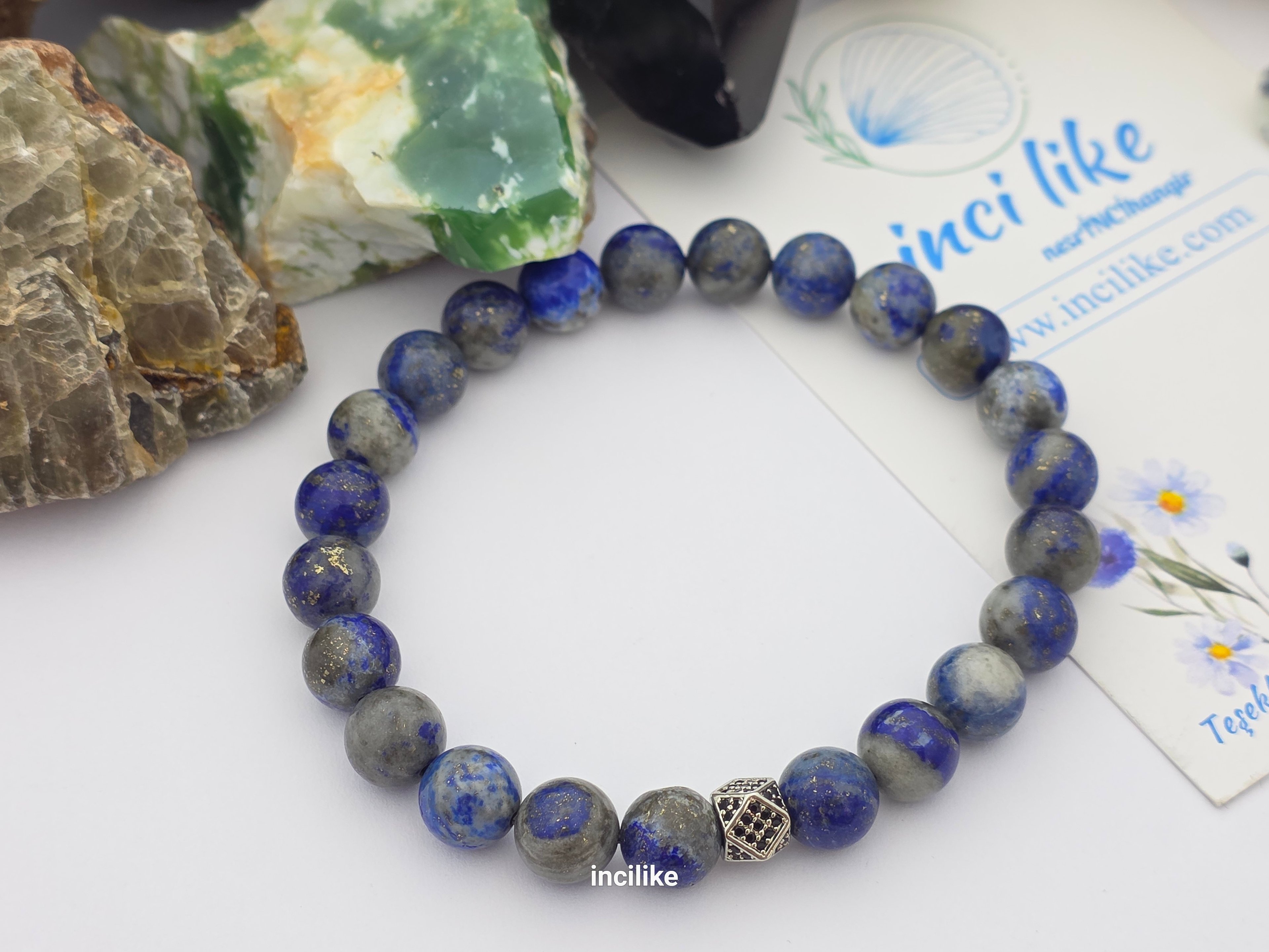 İncilike Mavisi Lapis Lazuli Bilgelik Taşı Kadın / Erkek Doğaltaş Bileklik 8 mm Küre kesim
