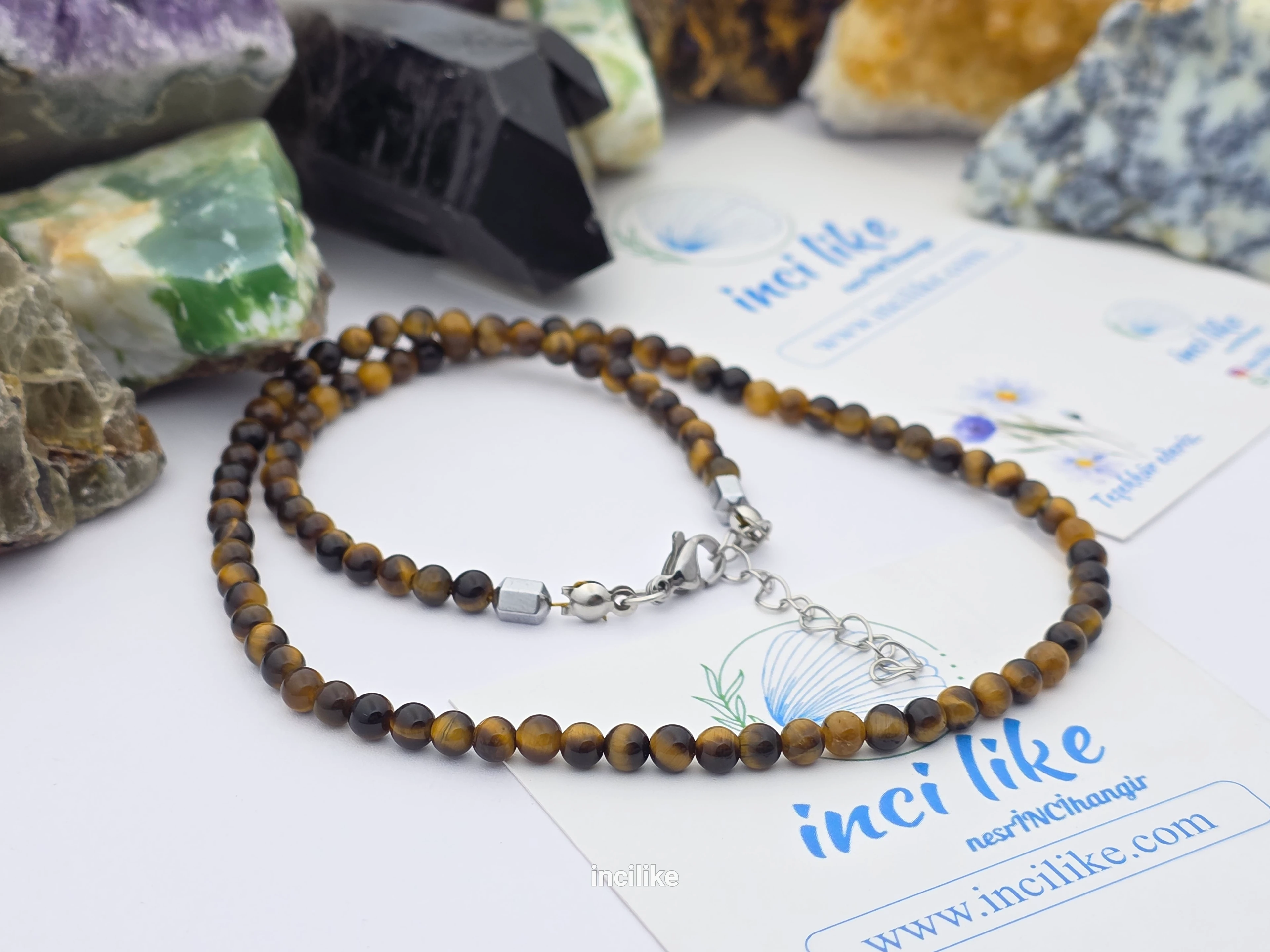 İncilike Kaplan Gözü Taşı Kadın / Erkek Kolye 4 mm Küre Kesim İnce diziÇelik Aparatlı