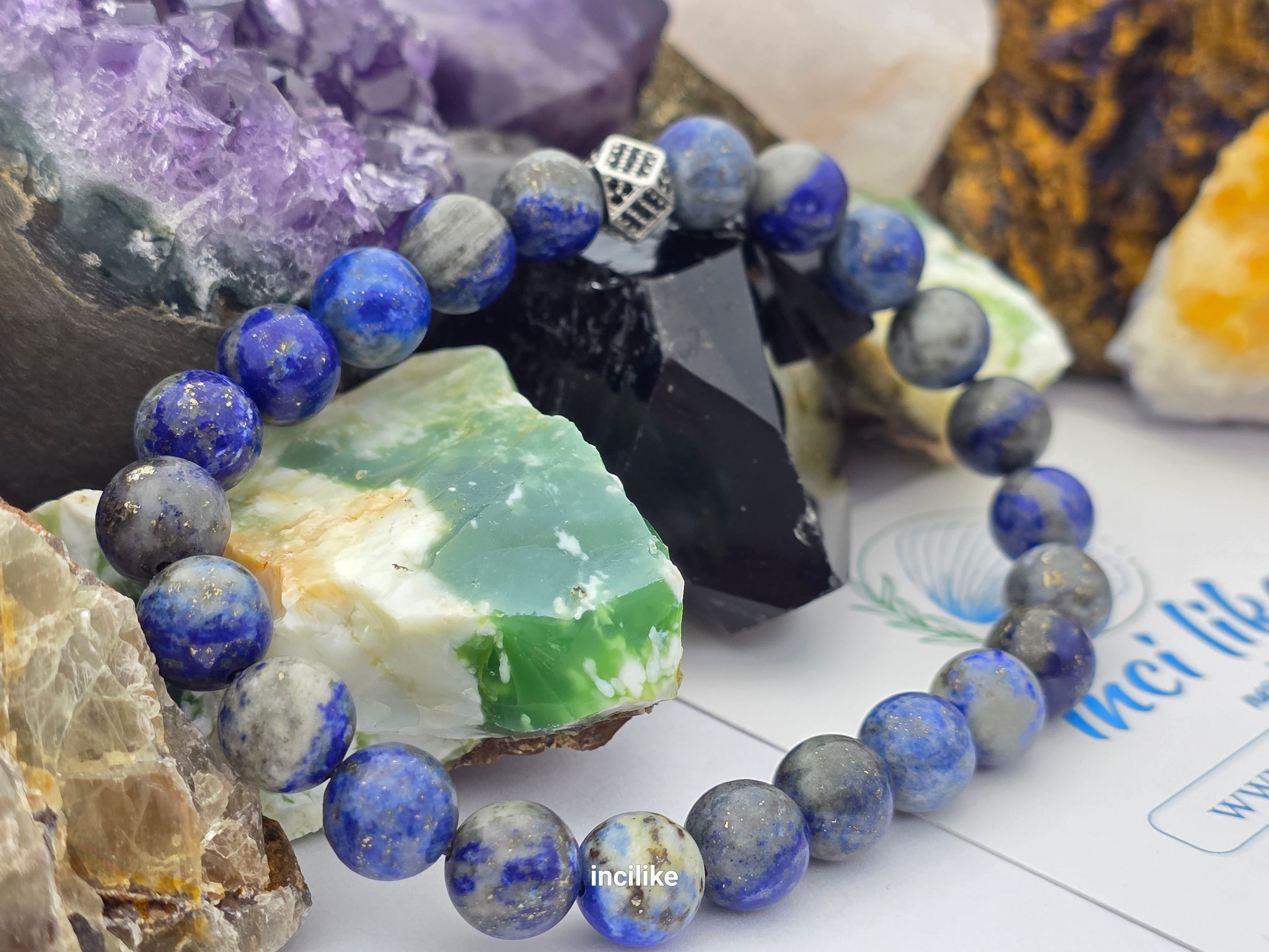 İncilike Mavisi Lapis Lazuli Bilgelik Taşı Kadın / Erkek Doğaltaş Bileklik 8 mm Küre kesim