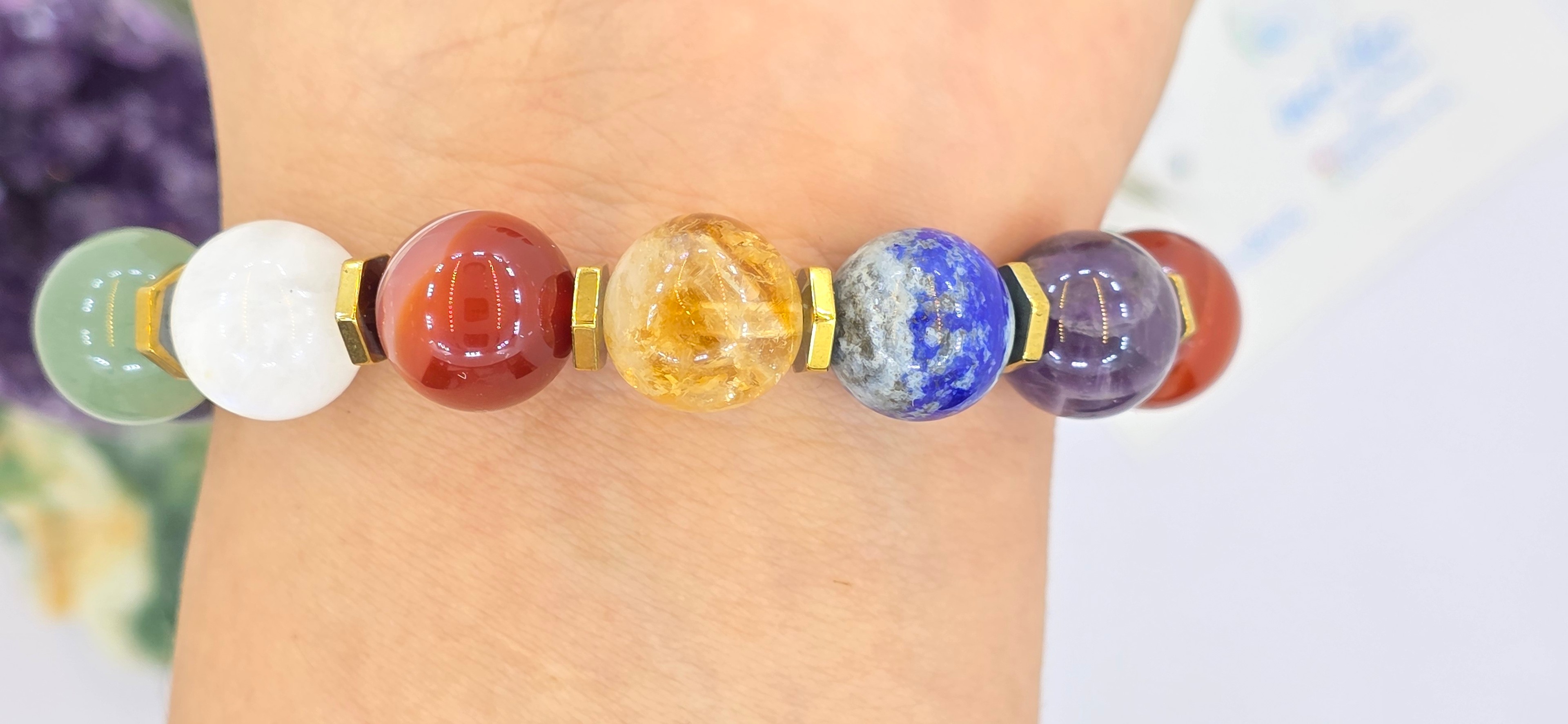 incilike Çakra Doğaltaş 10 mm Aventurin, Ay taşı Akik, Sitrin, Lapis Lazuli Ametist ve Hematit