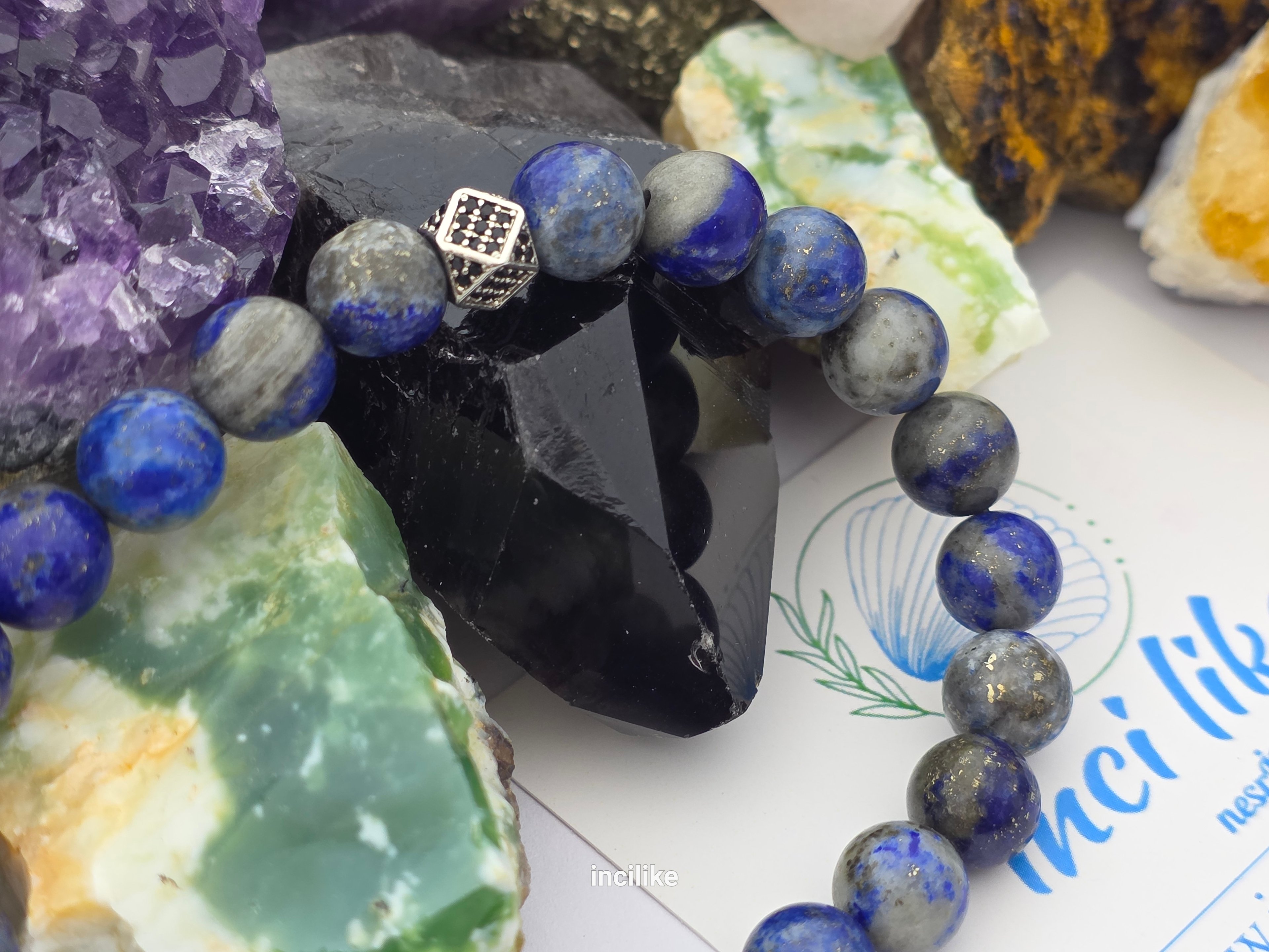 İncilike Mavisi Lapis Lazuli Bilgelik Taşı Kadın / Erkek Doğaltaş Bileklik 8 mm Küre kesim