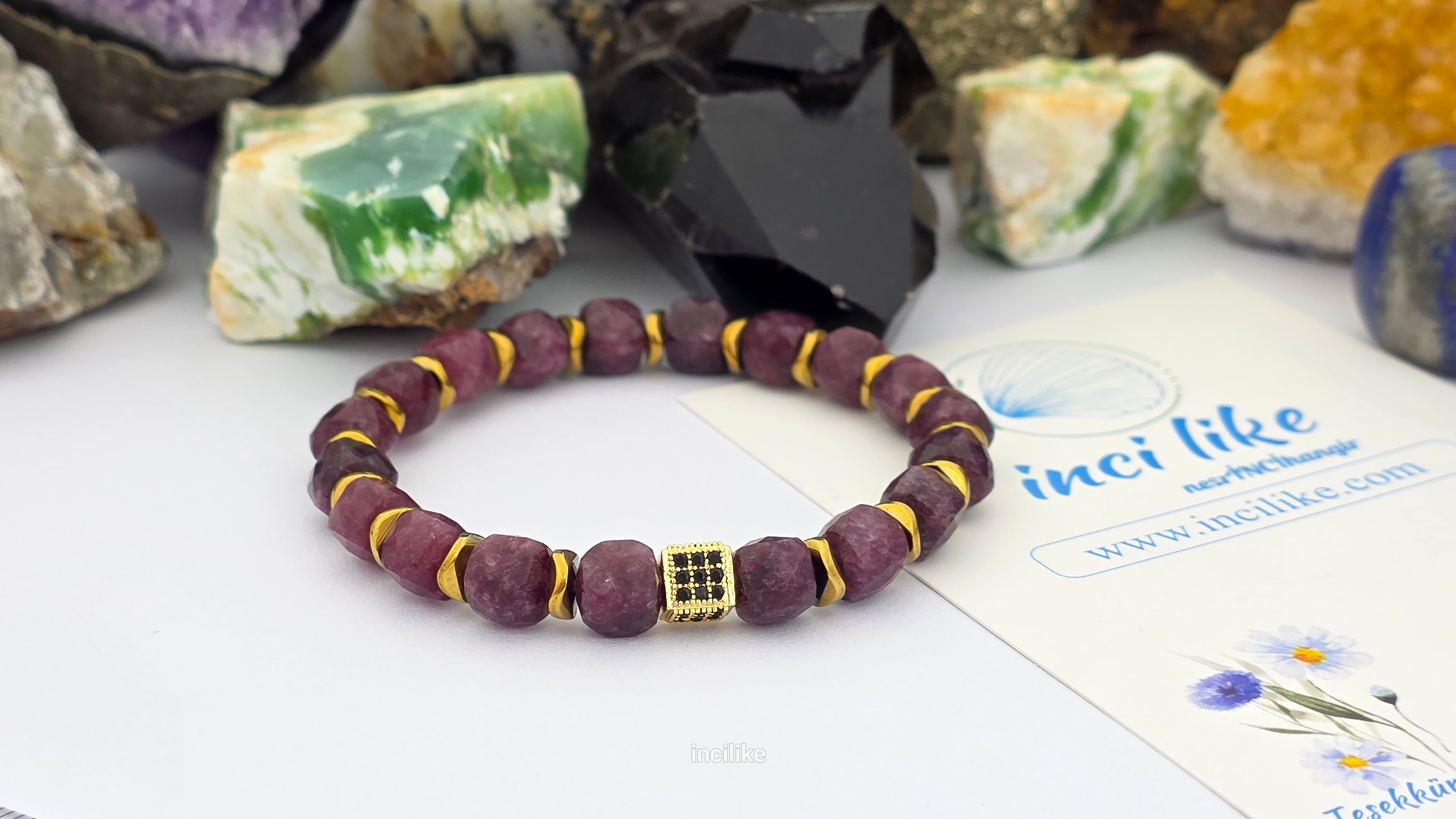 İncilike Lal ( Garnet) Fasetli Küp Kesim 8 mm Kadın Doğaltaş Bileklik 