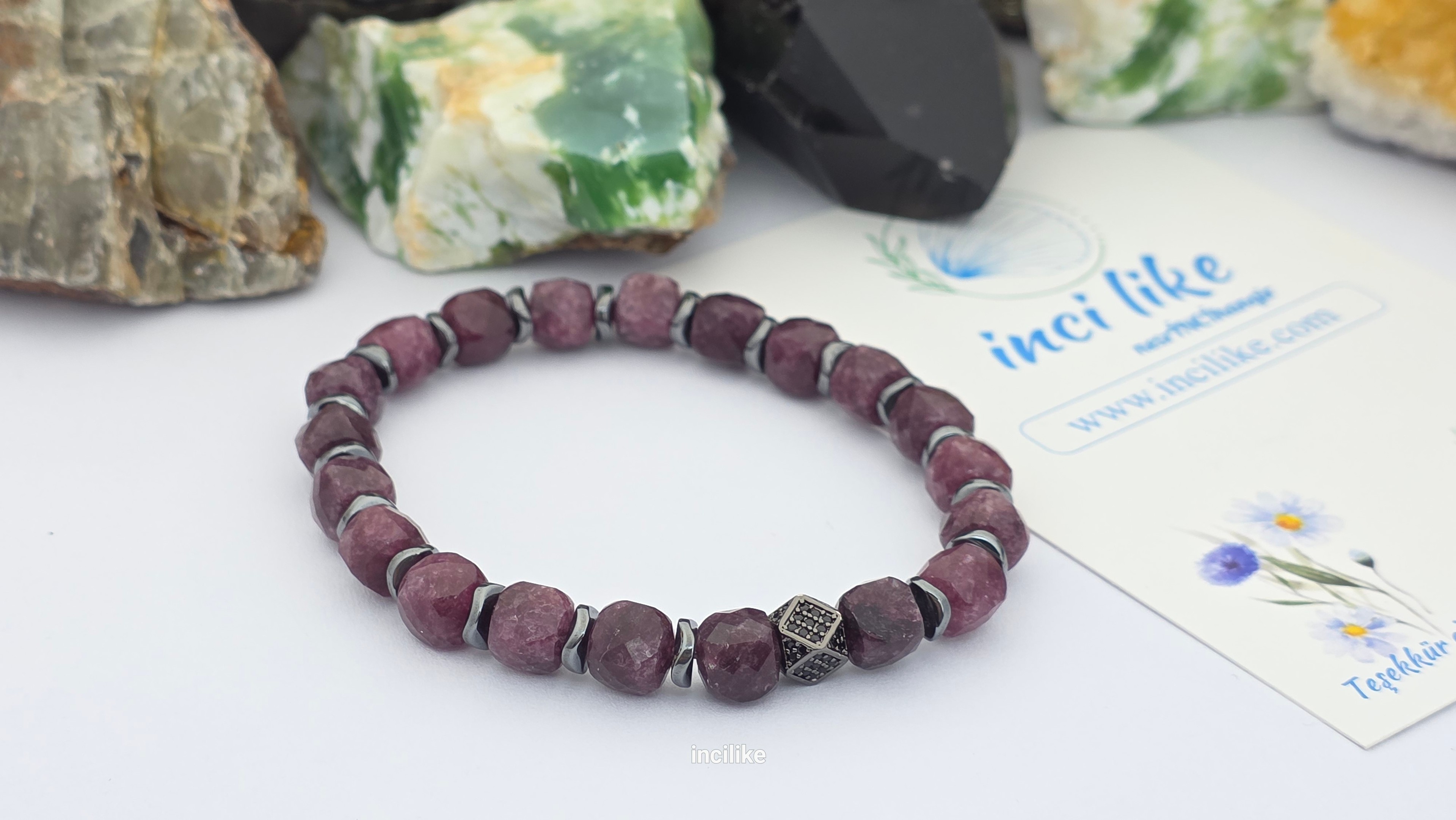 İncilike Lal ( garnet) Fasetli Küp Kesim Doğaltaş Erkek Bileklik 8 mm