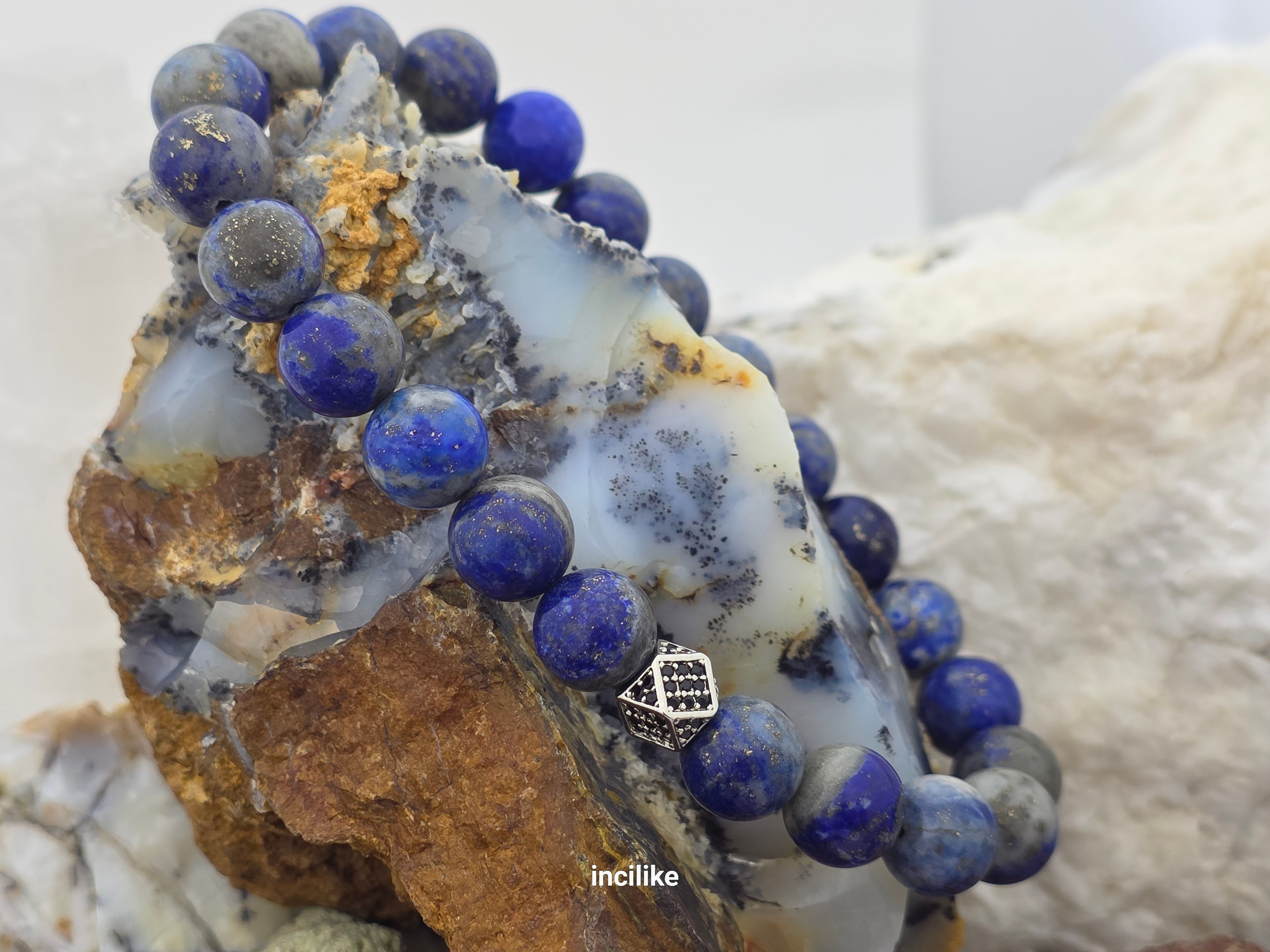 İncilike Mavisi Lapis Lazuli Bilgelik Taşı Kadın / Erkek Doğaltaş Bileklik 8 mm Küre kesim
