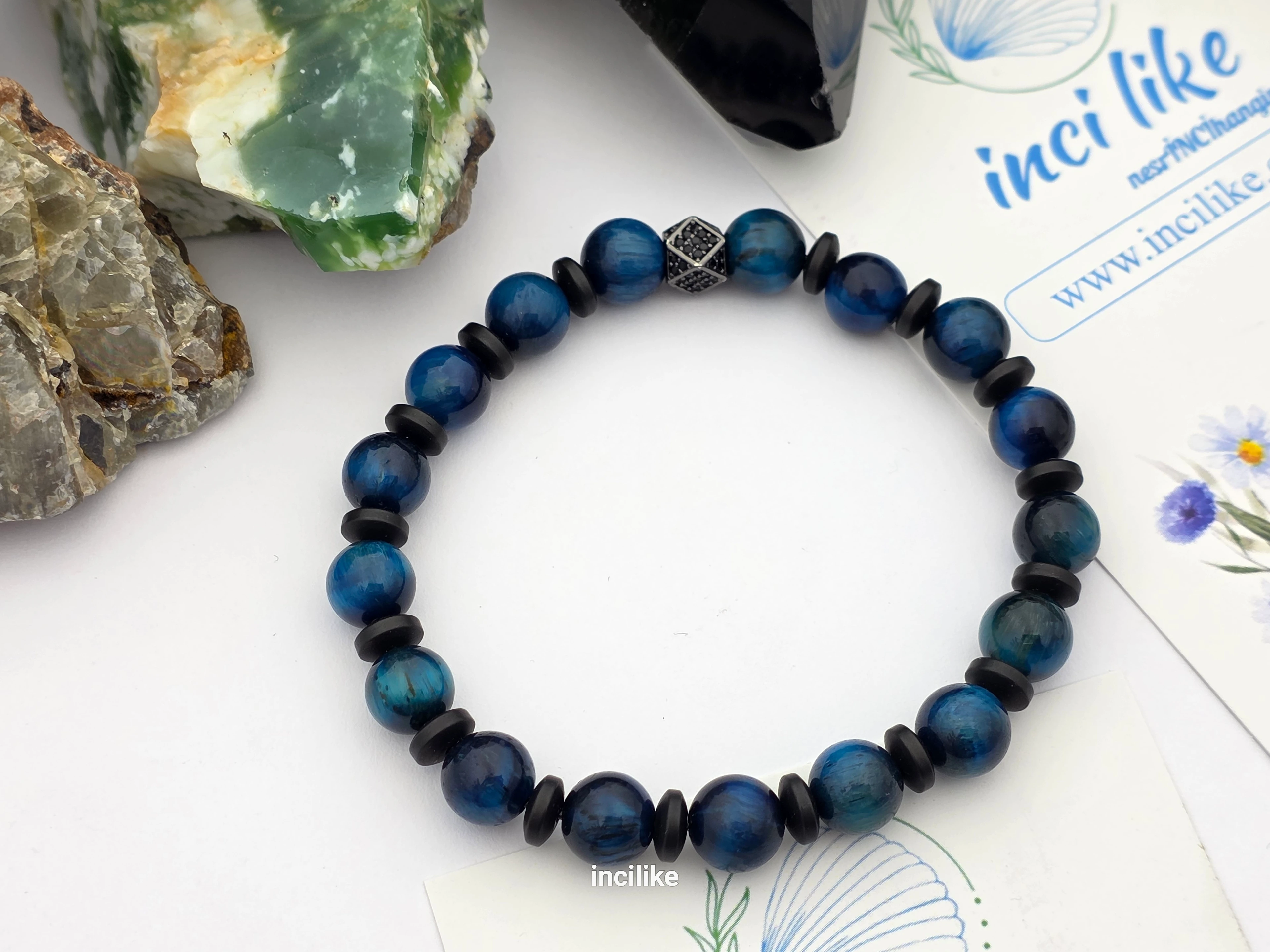 İncilike Mavi Kaplangözü Doğaltaş Erkek Bileklik Hematitli 8 mm 