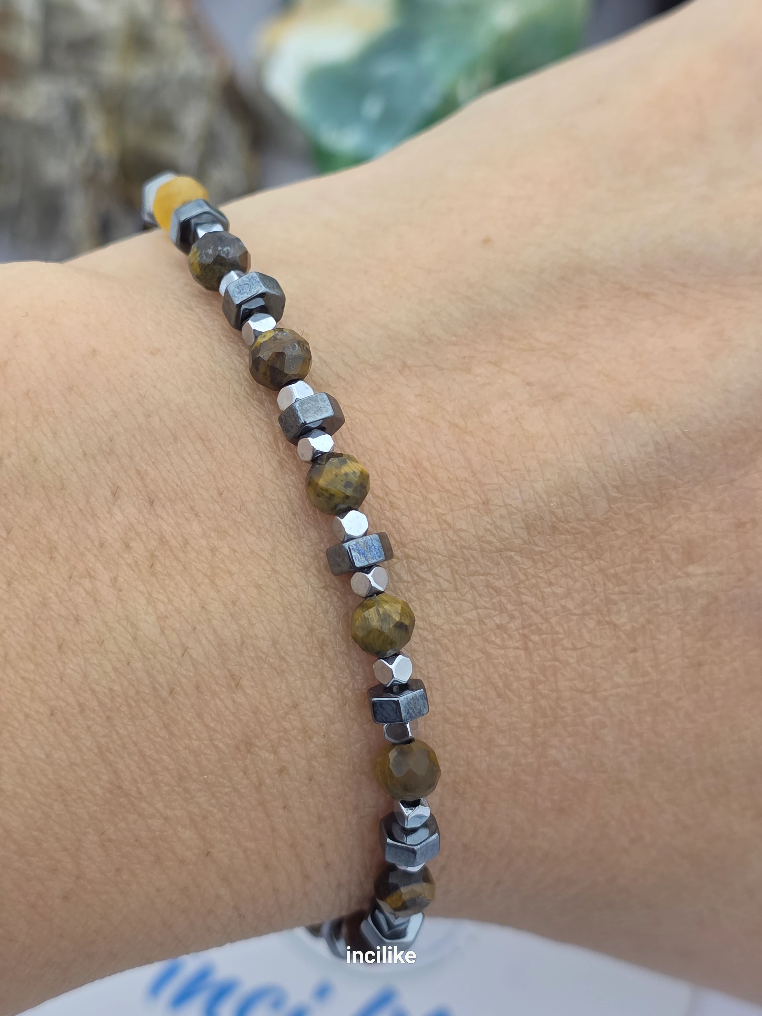 İncilike Kaplan Gözü Fasetli Küre Kesim,  ve Hematitli Erkek / Kadın Bileklik Çelik Aparatlı 