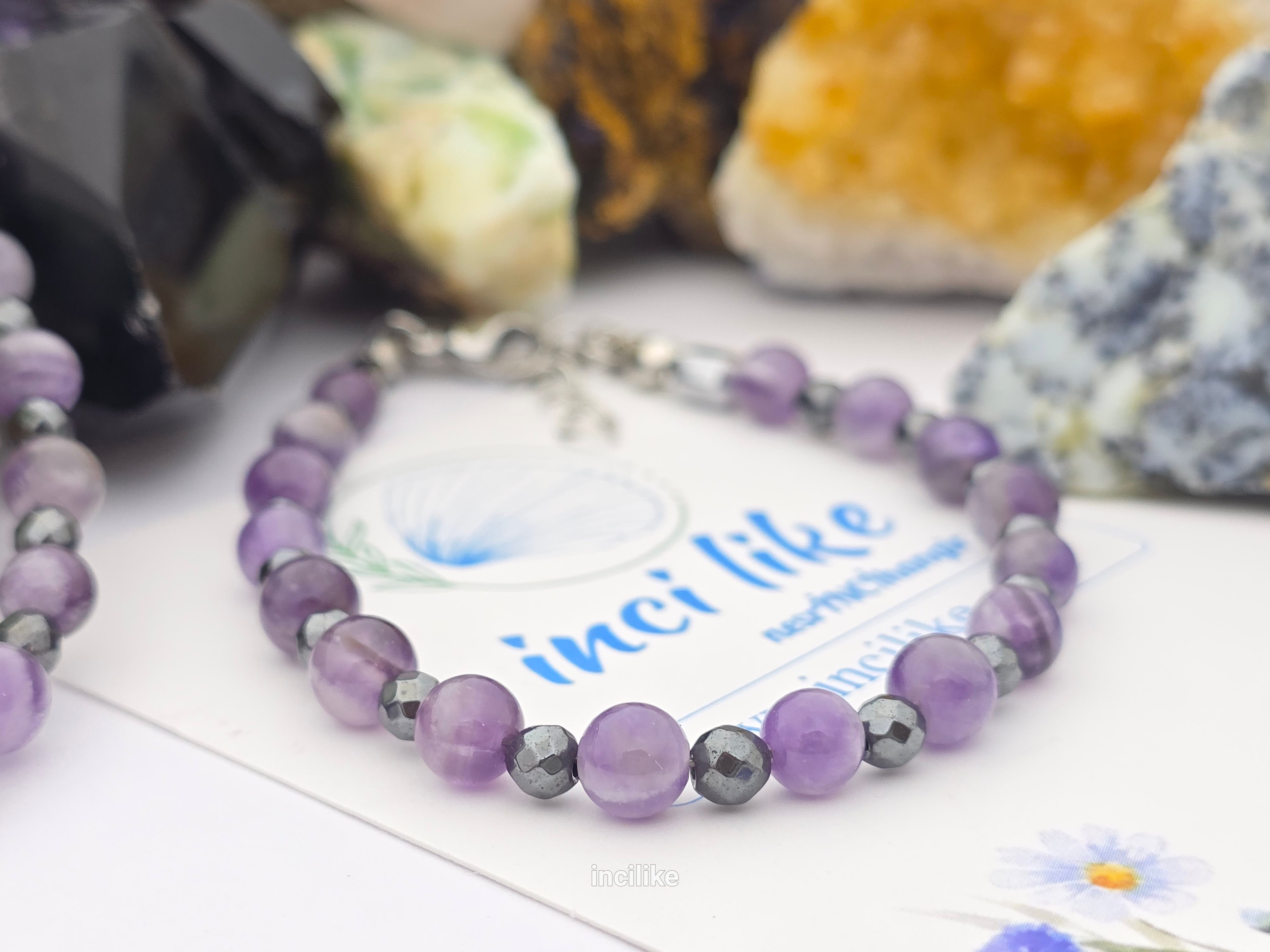 İncilike Ametist Kolye Bileklik ikili  Set Doğaltaş 6 mm Ametist,  4 mm Hematit 