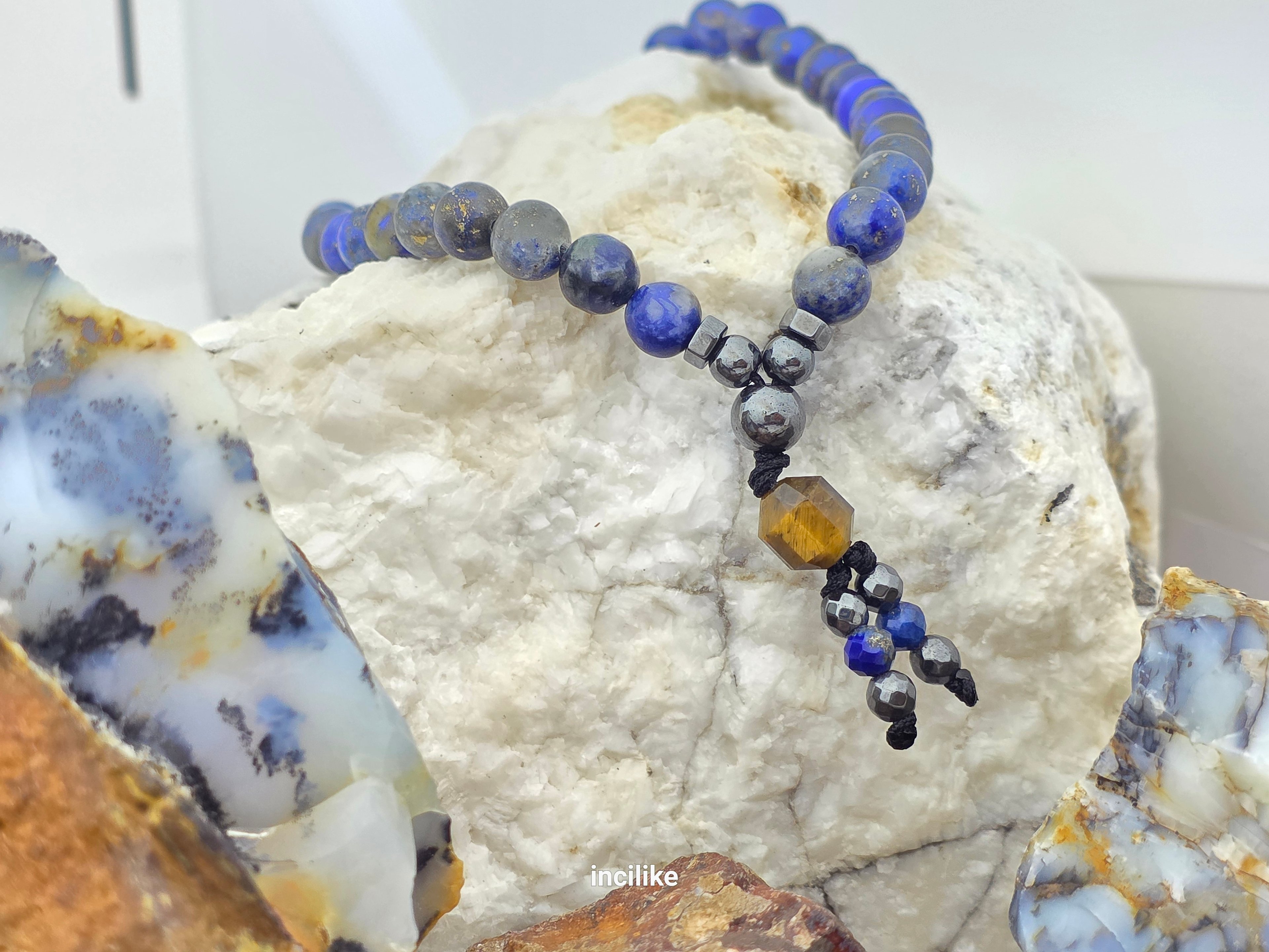 İncilike Tesbih Lapis Lazuli Hematit Kaplan Gözü 6 mm