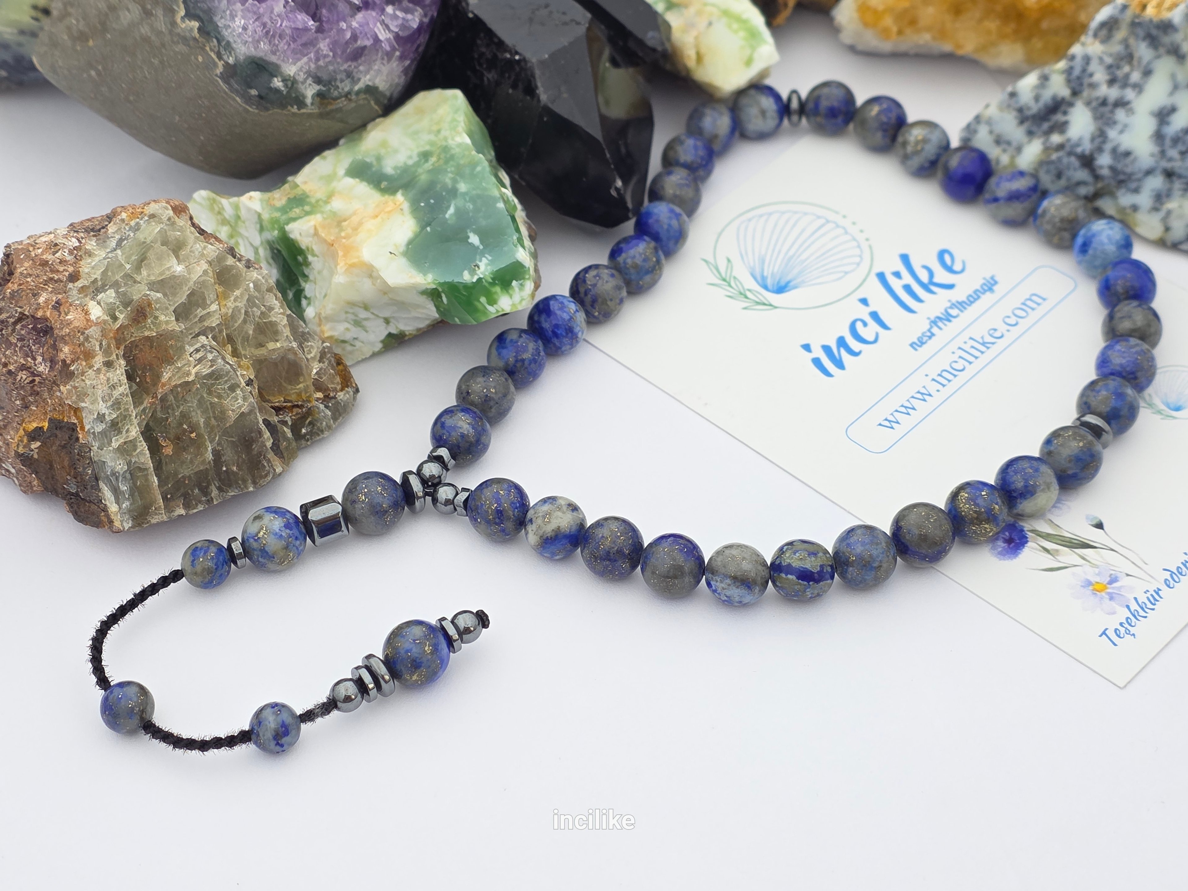 İncilike Tesbih Lapis Lazuli ( Bilgelik taşı)  ve Hematit 8 mm