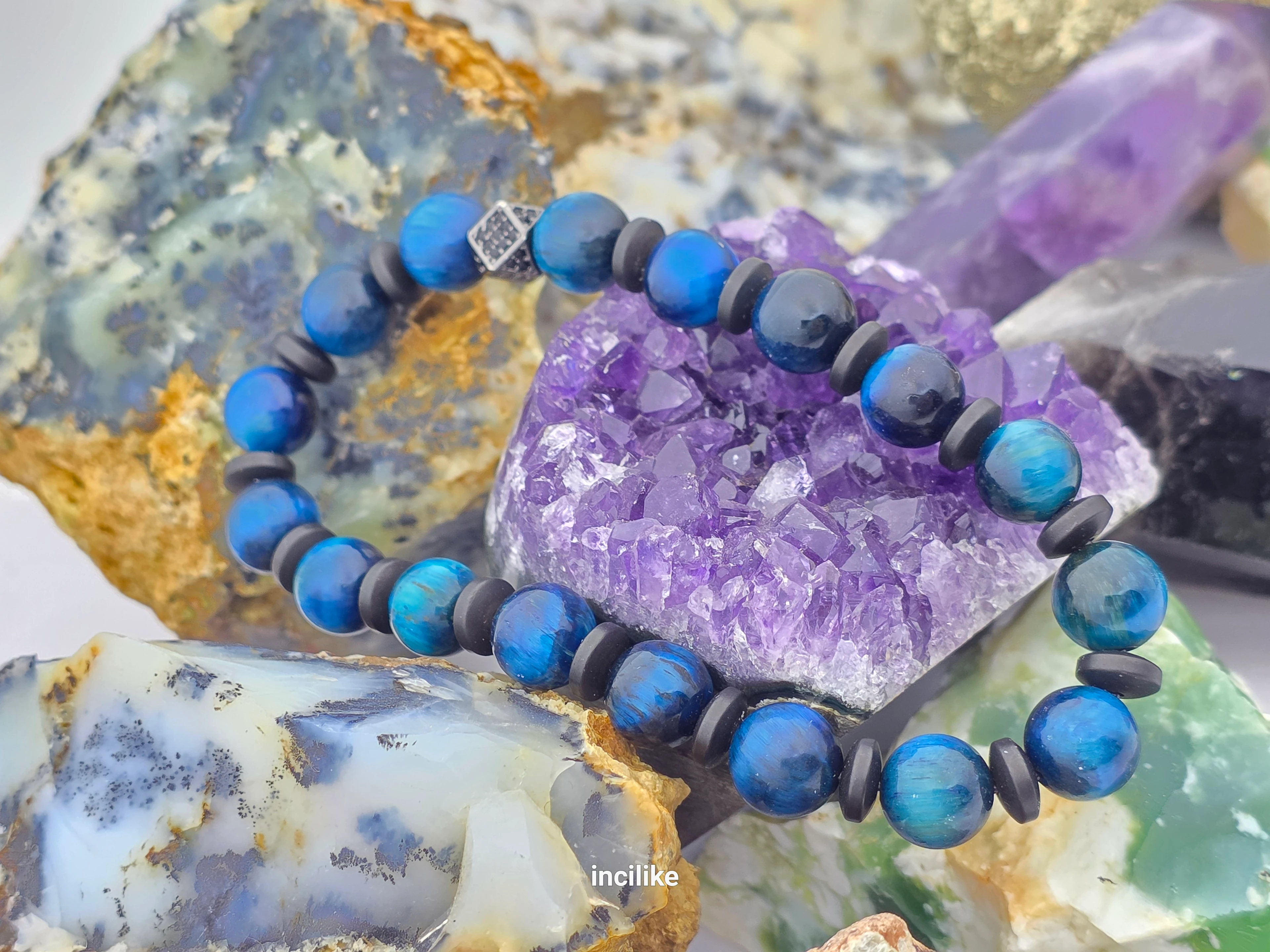 İncilike Mavi Kaplangözü Doğaltaş Erkek Bileklik Hematitli 8 mm 