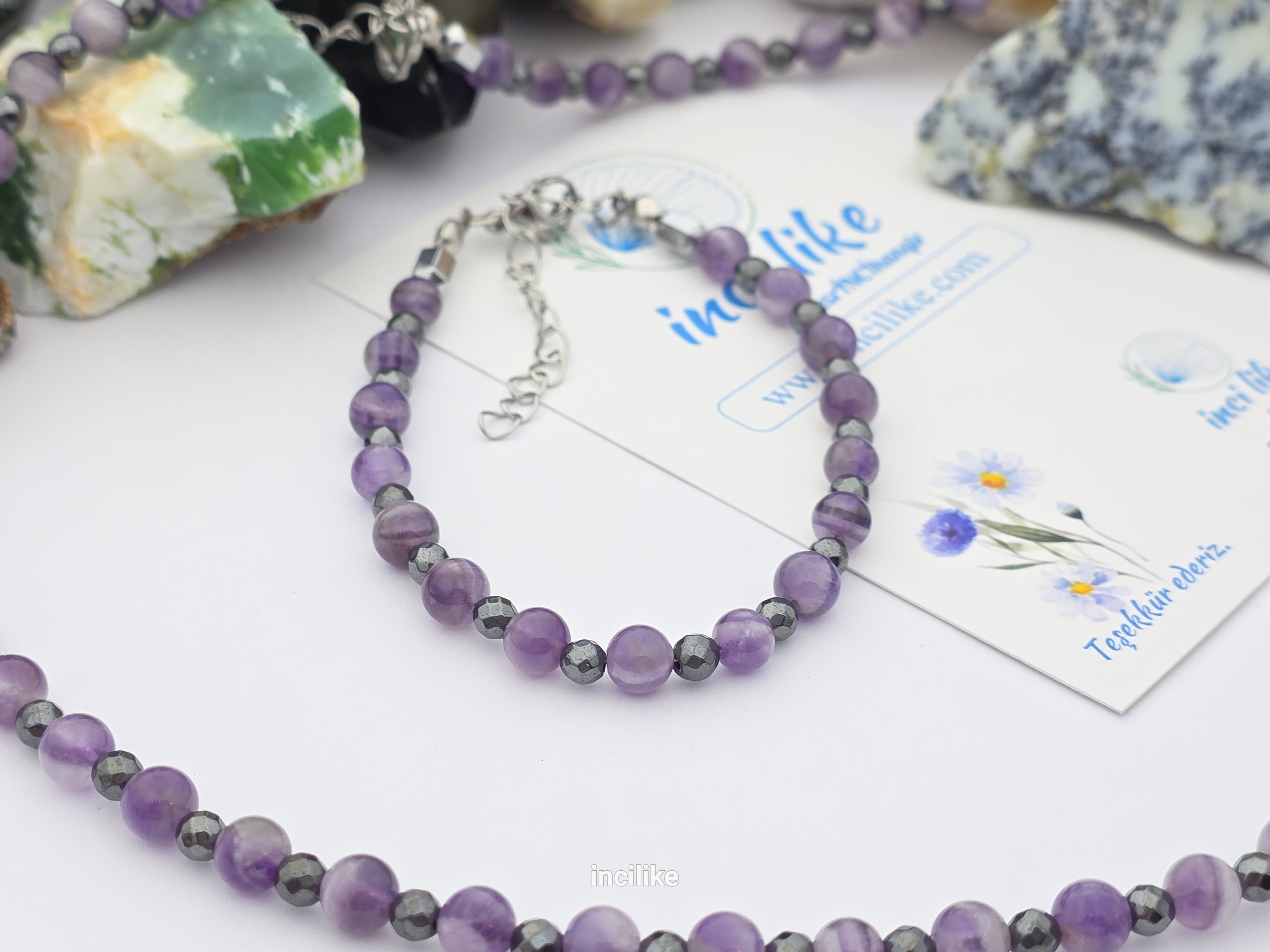 İncilike Ametist Kolye Bileklik ikili  Set Doğaltaş 6 mm Ametist,  4 mm Hematit 