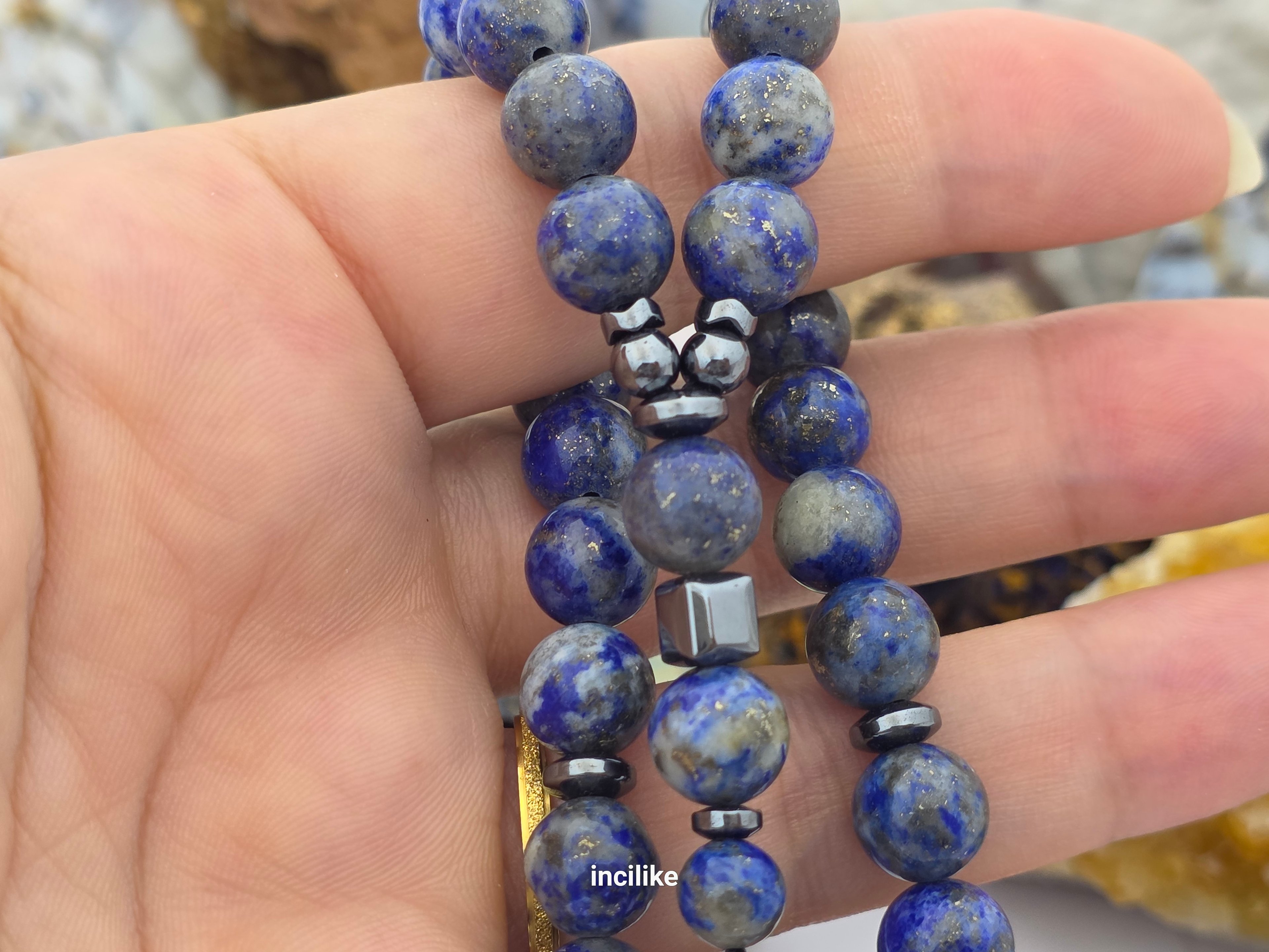 İncilike Tesbih Lapis Lazuli ( Bilgelik taşı)  ve Hematit 8 mm