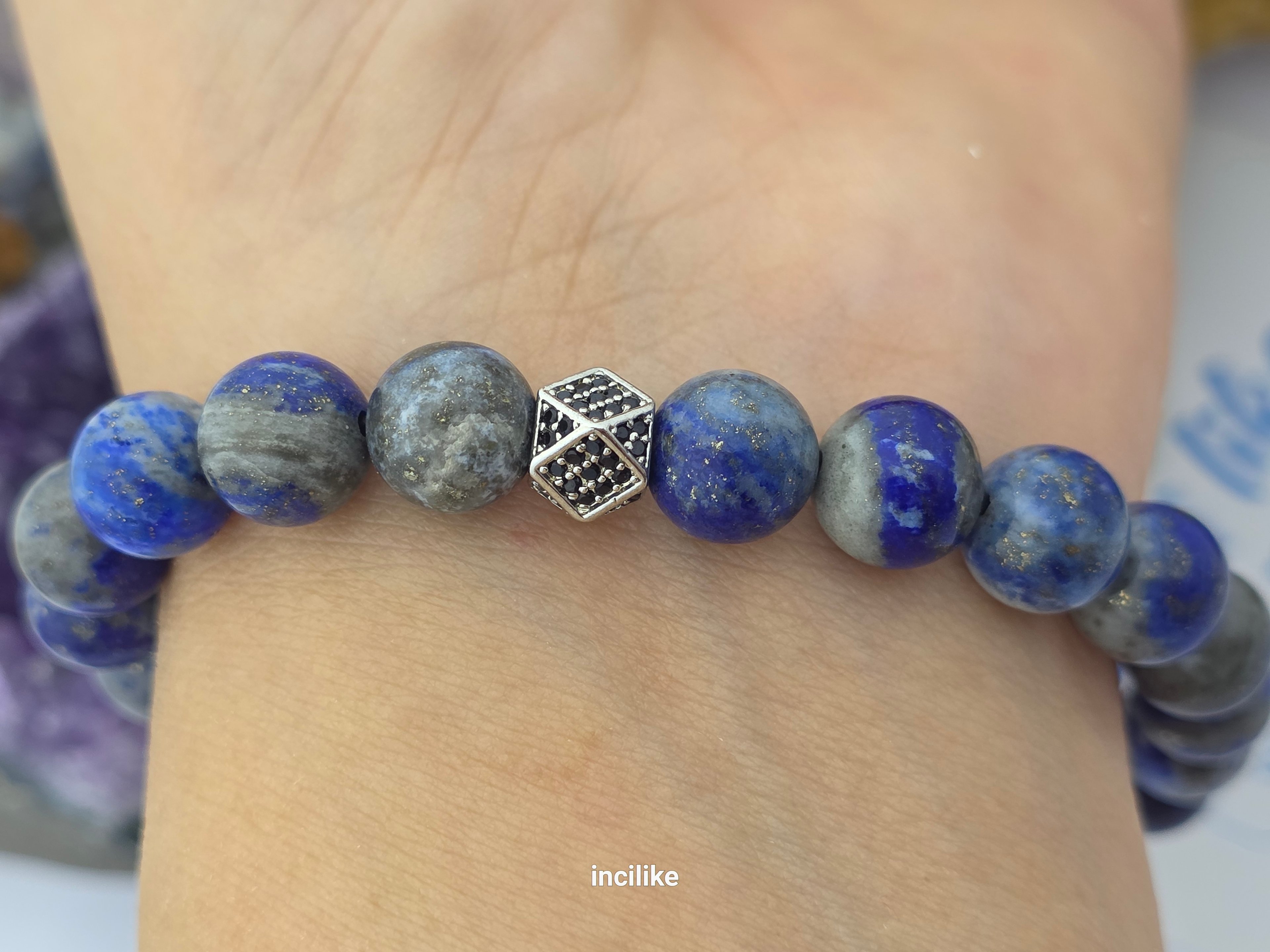 İncilike Mavisi Lapis Lazuli Bilgelik Taşı Kadın / Erkek Doğaltaş Bileklik 8 mm Küre kesim