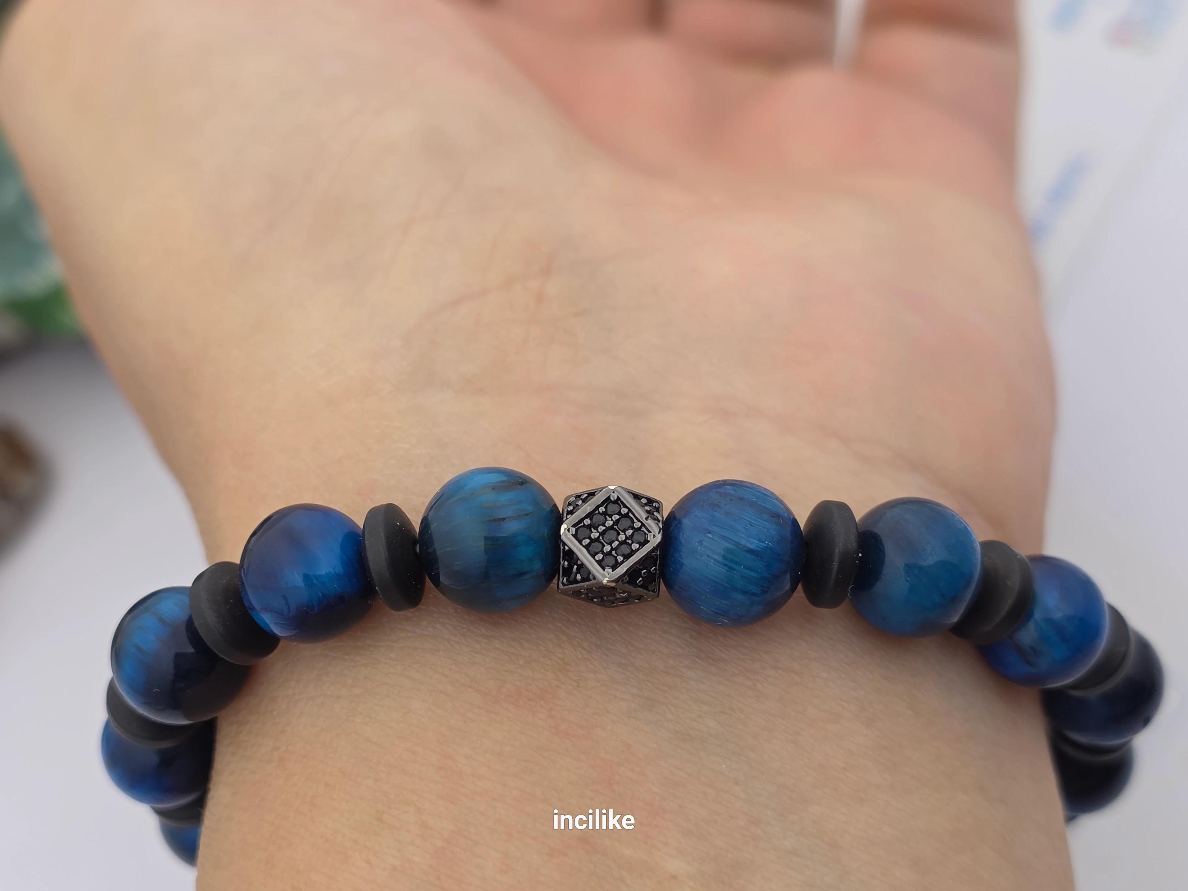 İncilike Mavi Kaplangözü Doğaltaş Erkek Bileklik Hematitli 8 mm 