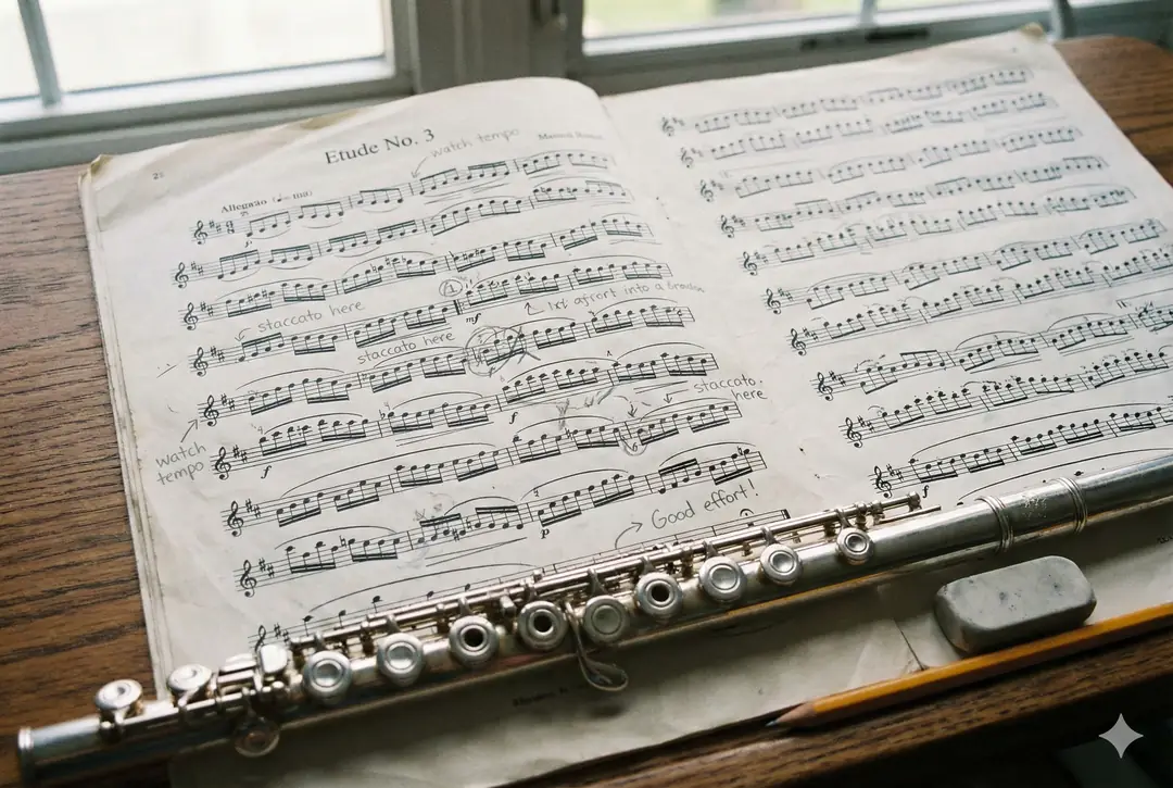 Masa üzerinde bir yan flüt ve nota çalışma kağıtları