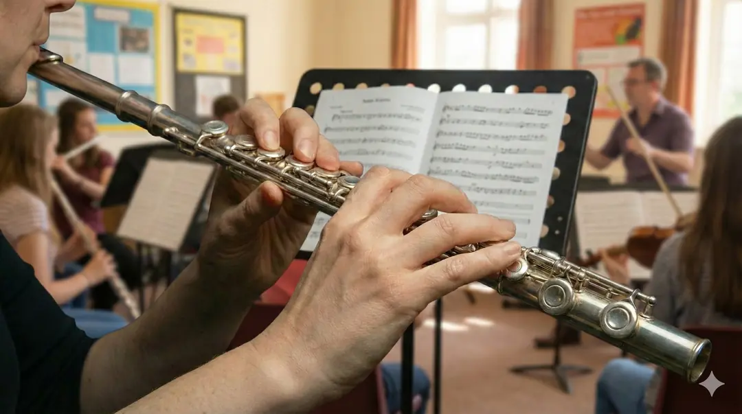 Müzik sınıfında flüt provası. Detaylara odaklanış.