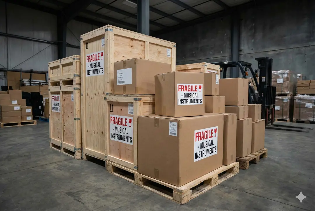 Koliler içerisinde taşınmayı bekleyen müzik aletleri