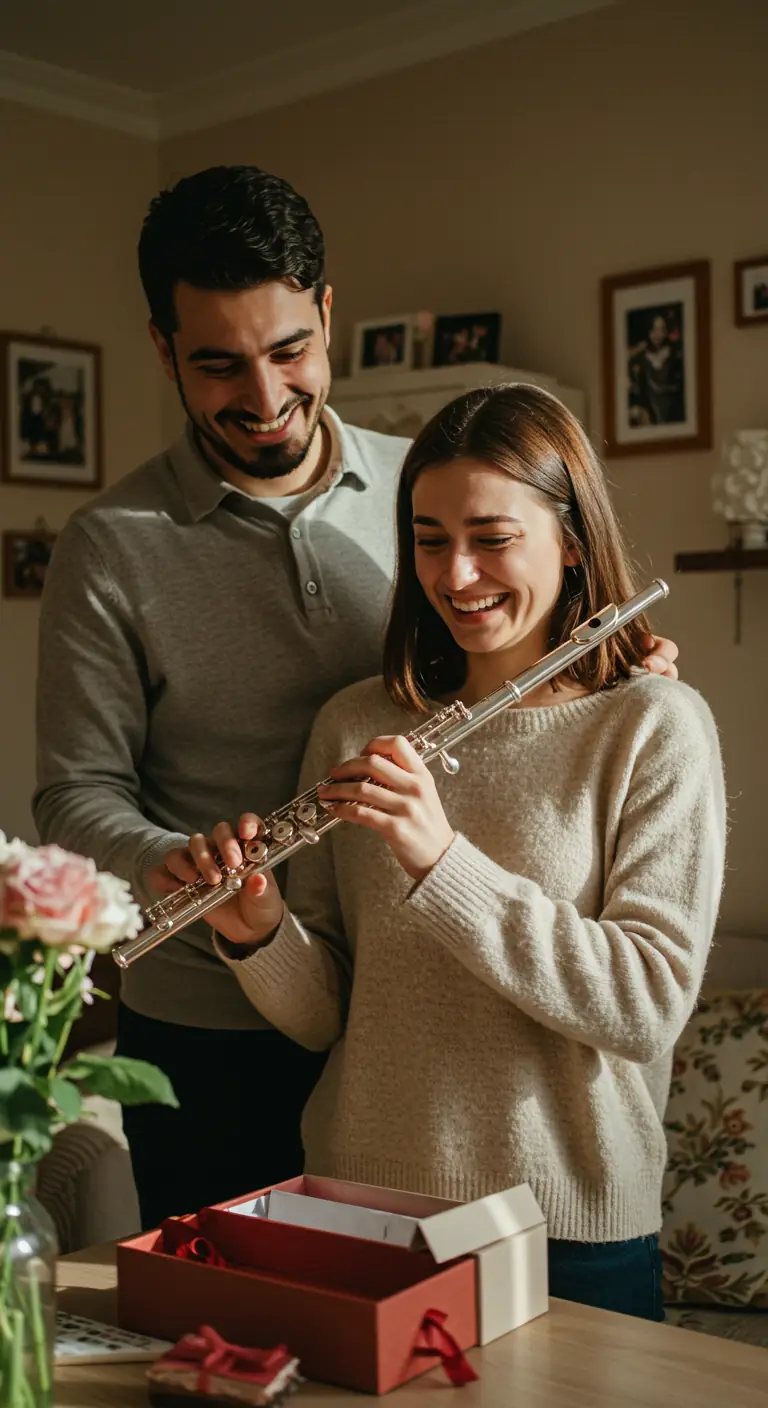 Flüt deneyen bir kadın