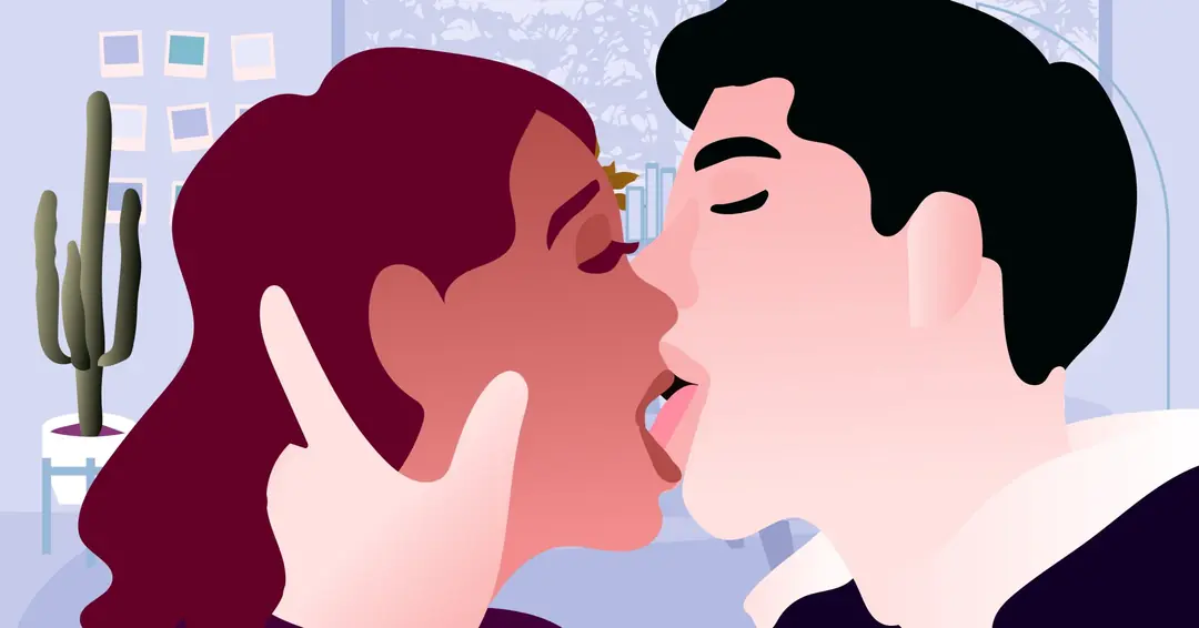 Fransız öpücüğü teknikleri: Partnerinin dudaklarını tutkuyla kavrayan ve dilini aktif kullanan bir çiftin yakın çekim ateşli öpüşme illüstrasyonu.