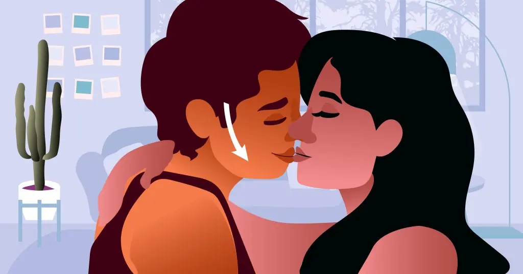 Baş eğme tekniği: Burunların çarpışmasını önlemek için öpüşürken başı hafifçe yana eğme açısını gösteren görsel.