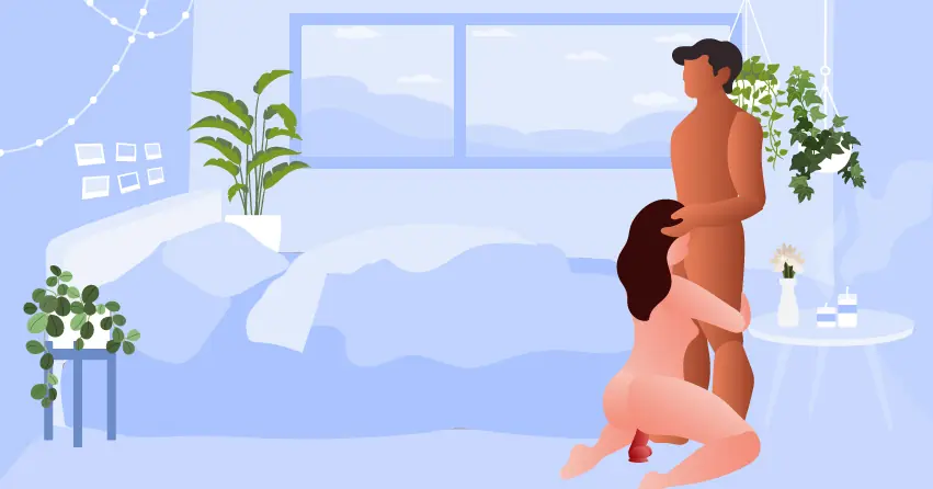 Blow and Bounce pozisyonu: Yere yapışık kırmızı vantuzlu dildoyu kullanan kadın partner, ayaktaki erkek partnere oral seks yapıyor.