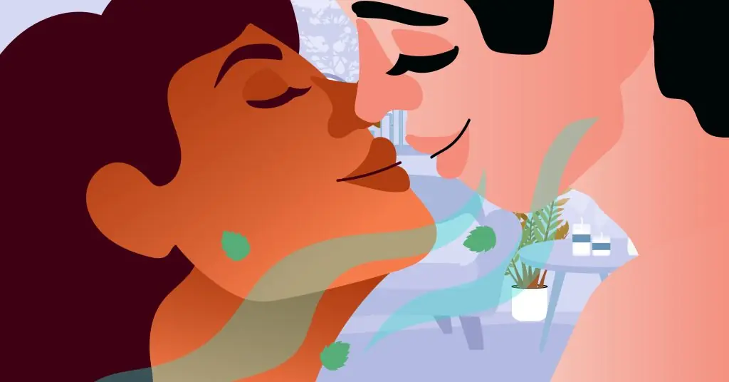 Öpüşme ipuçları: Nefes ferahlığı ve ağız hijyenini simgeleyen nane yaprakları eşliğinde öpüşen çift ve taze bir nefesin önemi.