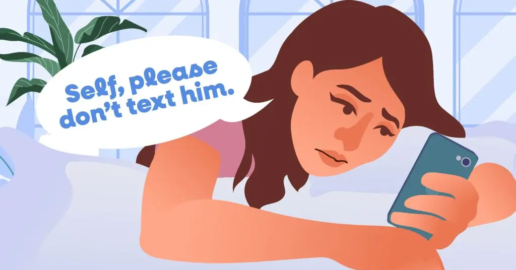 Yatakta telefonuna bakan ve eski sevgilisine mesaj atmamak için kendiyle savaşan üzgün kadın illüstrasyonu.