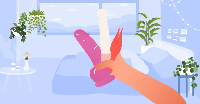 Seks oyuncağı çeşitleri: Bir elin tuttuğu pembe gerçekçi dildo, beyaz vibratör ve kırmızı klitoral uyarıcı oyuncak.