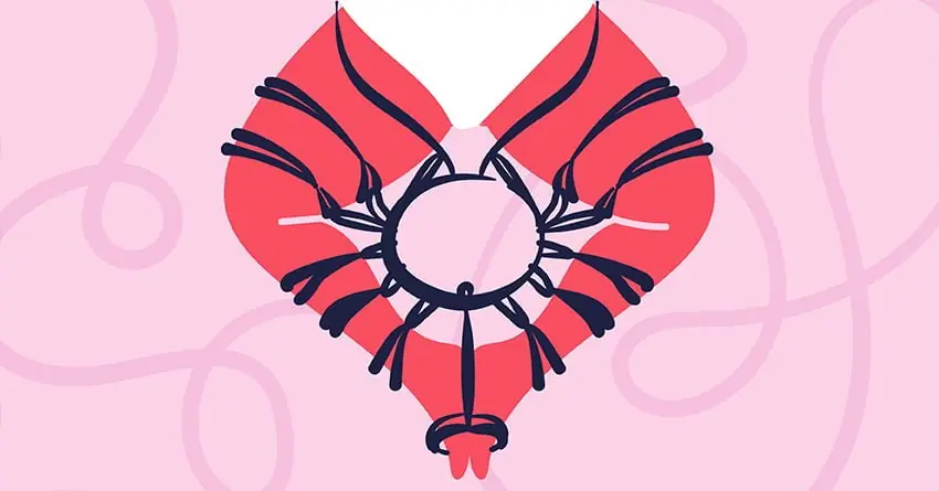 İplerle oluşturulmuş kalp şeklindeki estetik gövde bağlama (harness) deseni ve güven simgesi.