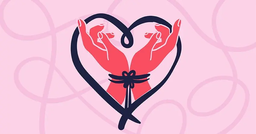 Bileklerinden iple bağlanmış ellerin oluşturduğu kalp işareti; rıza ve güveni simgeleyen illüstrasyon.