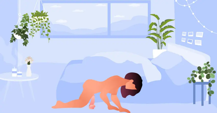 Vahşi sürüş (Wildin & Grindin) pozisyonu: Yerde dört ayak üzerinde duran ve başını öne eğerek yere sabitlenmiş dildodan zevk alan kadın.